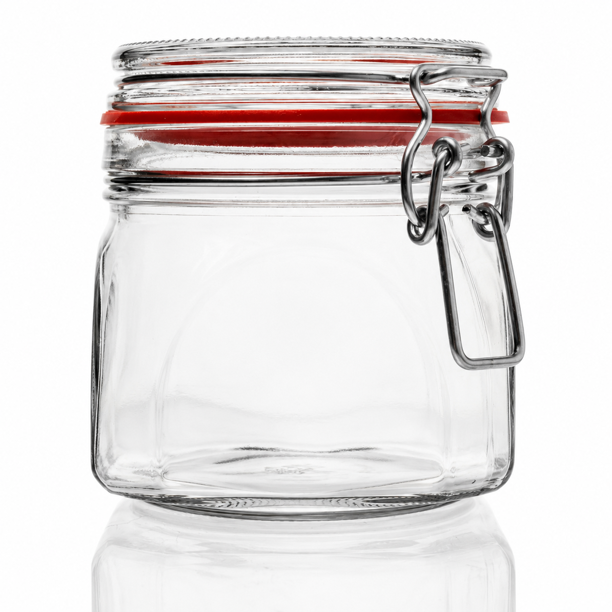 Klares Vierkant-Drahtbügelglas mit Glasdeckel, rotem Dichtungsring und seitlicher Metallmechanik auf weißem Hintergrund