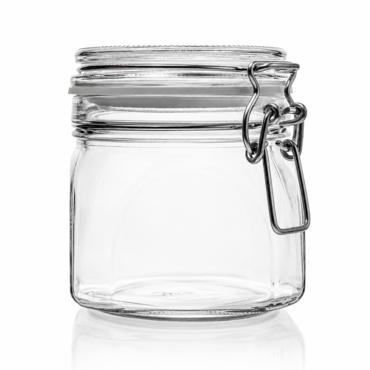Quadratisches Drahtbügelglas aus Klarglas mit Glasdeckel, weißem Gummiring und Metallverschluss in Frontansicht