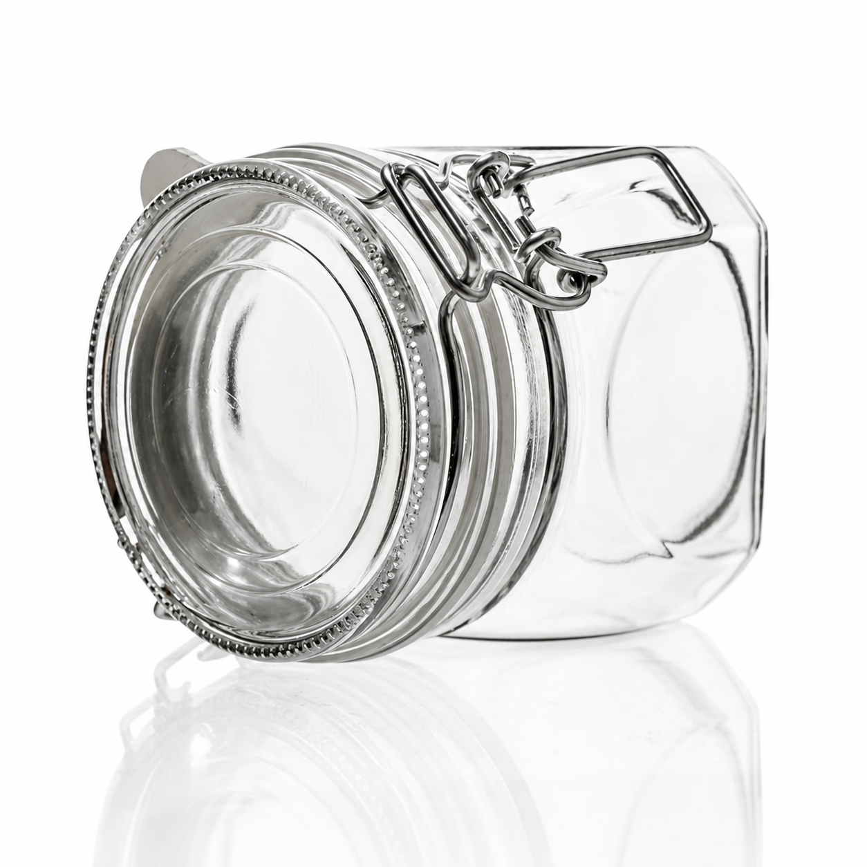 Liegendes quadratisches Drahtbügelglas aus Klarglas mit Glasdeckel, weißem Gummiring und sichtbarem Metallbügelverschluss