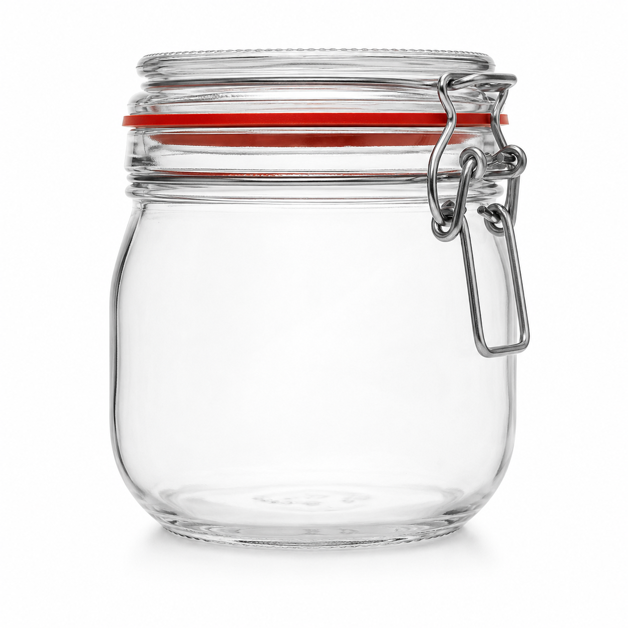 Bauchiges Drahtbügelglas aus Klarglas mit Glasdeckel, rotem Gummiring und deutlich sichtbarem Metallverschluss in Frontansicht