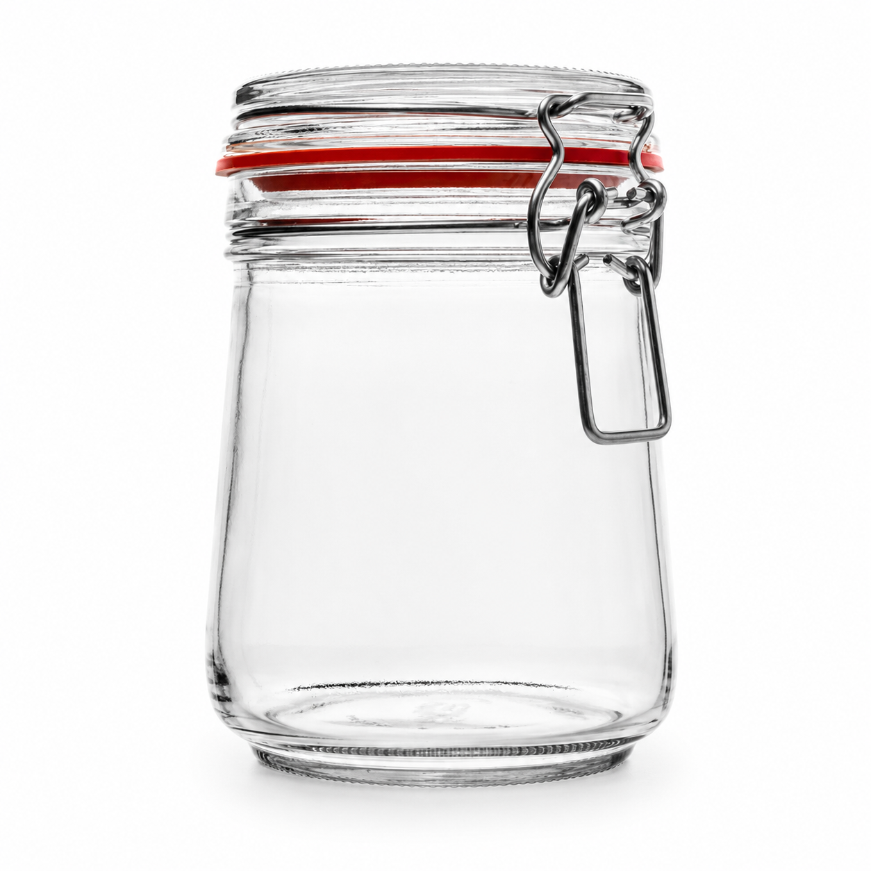 Hohes, leicht konisches Drahtbügelglas aus Klarglas mit Glasdeckel, rotem Gummiring und Metallverschluss in Frontansicht