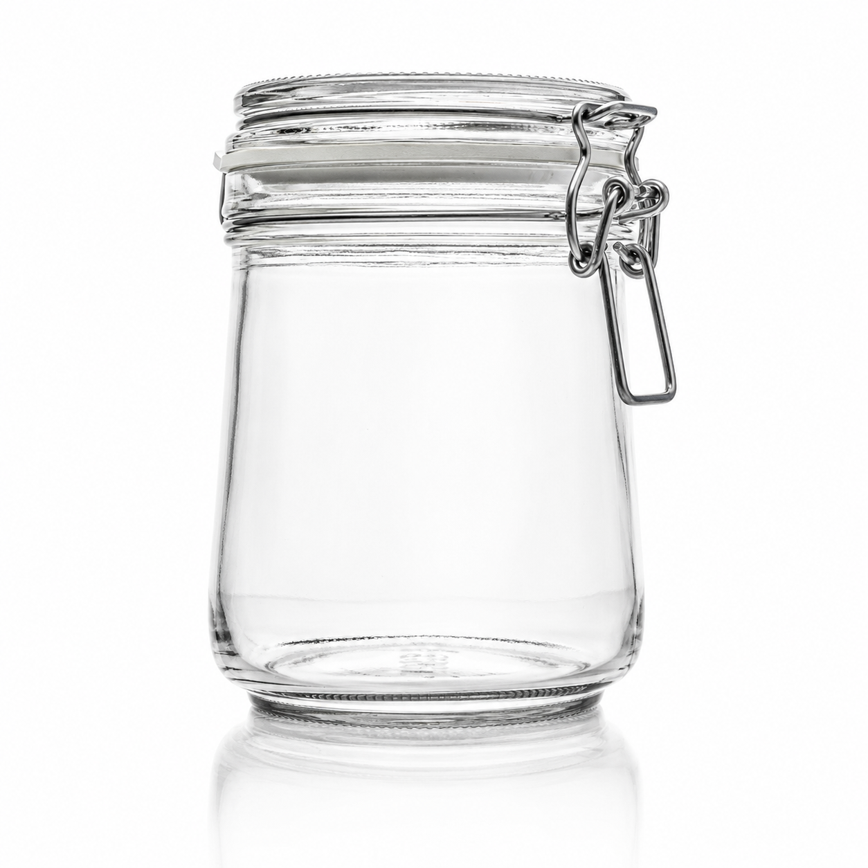 Hohes Drahtbügelglas aus Klarglas mit Glasdeckel, hellem Gummiring und Metallverschluss in Frontansicht