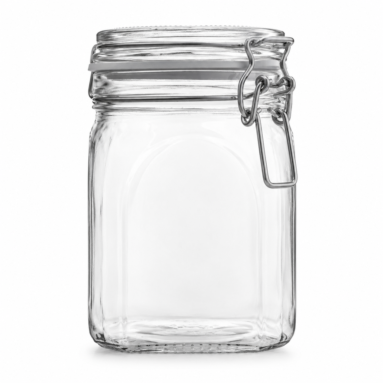 Eckiges Drahtbügelglas aus Klarglas mit Glasdeckel, hellem Gummiring und Metallverschluss in Frontansicht