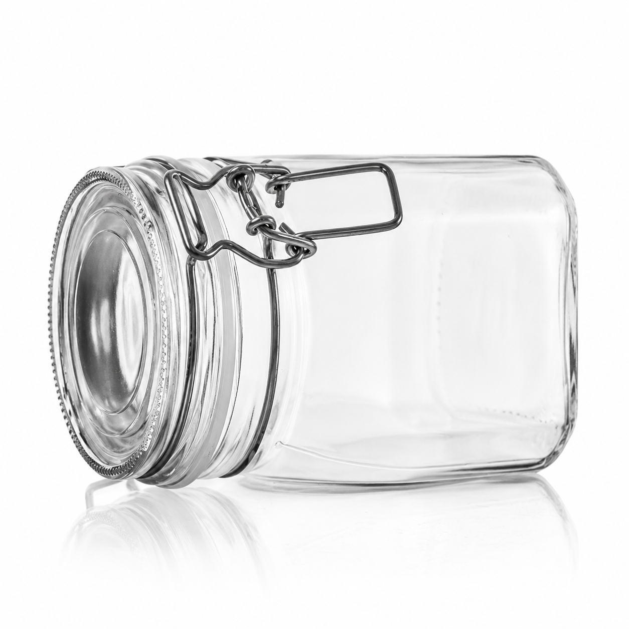 Liegendes eckiges Drahtbügelglas aus Klarglas mit geschlossenem Glasdeckel und Metallbügelverschluss