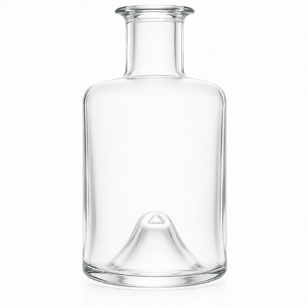 Klare Chagall-Glasflasche 200 ml mit Tellerrandmündung, kurzem Hals und rundem Flaschenkörper auf weißem Hintergrund