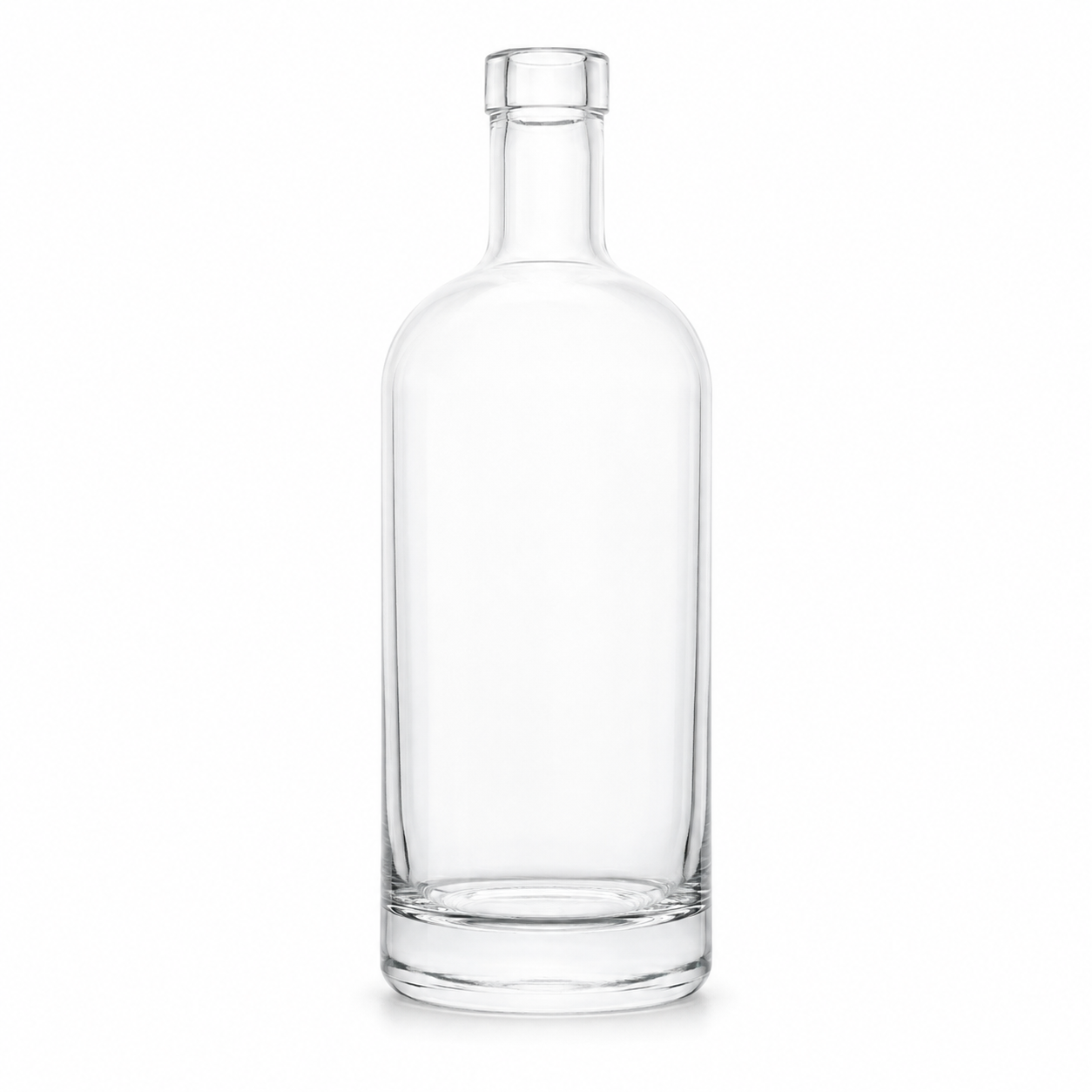Klare Golf-Glasflasche 500 ml mit OBM-Mündung, kurzem Hals und zylindrischem Körper auf weißem Hintergrund