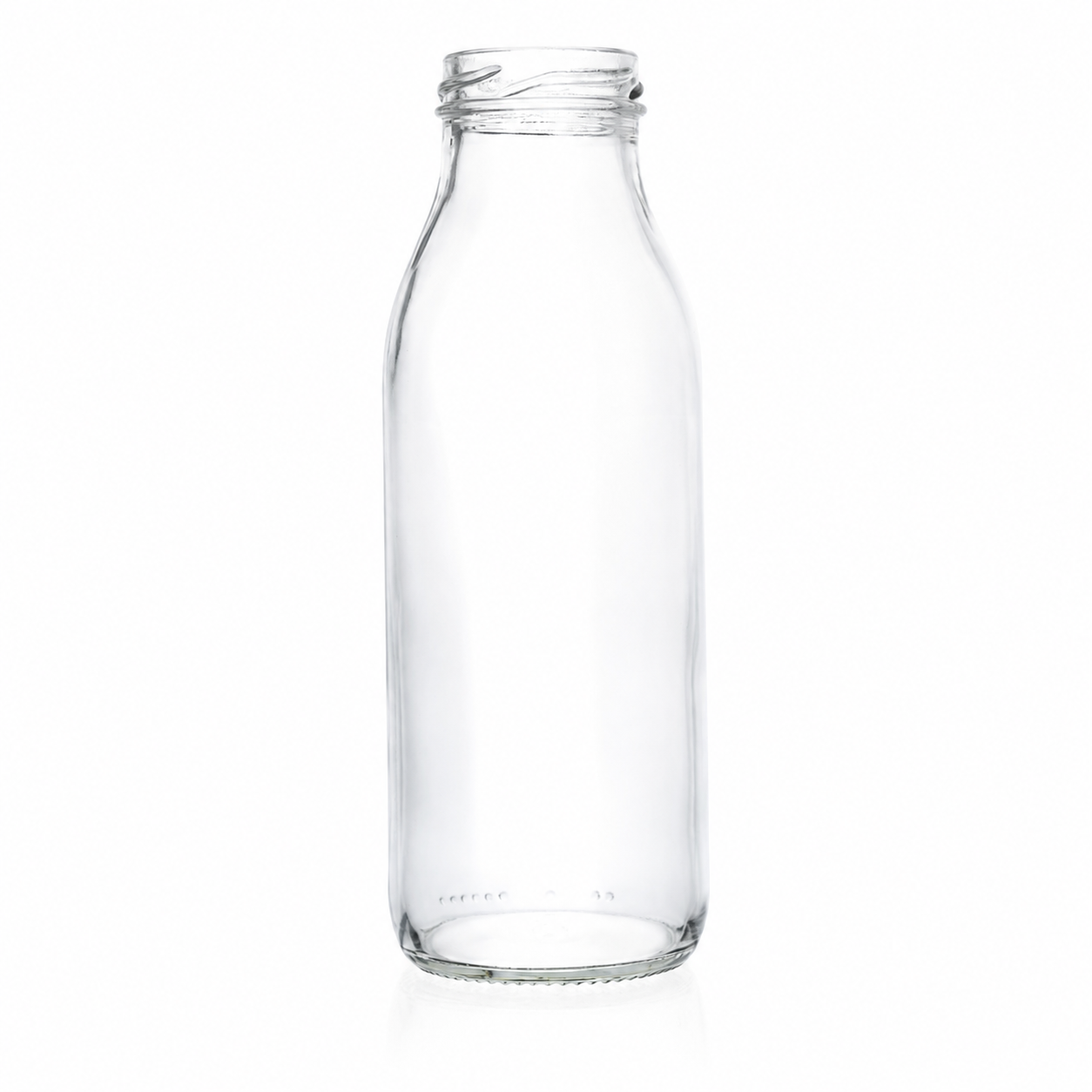 Foody-Flasche aus Klarglas mit 370 ml Volumen, schlanker Form und TO-43-Mündung, freigestellt auf weißem Hintergrund.