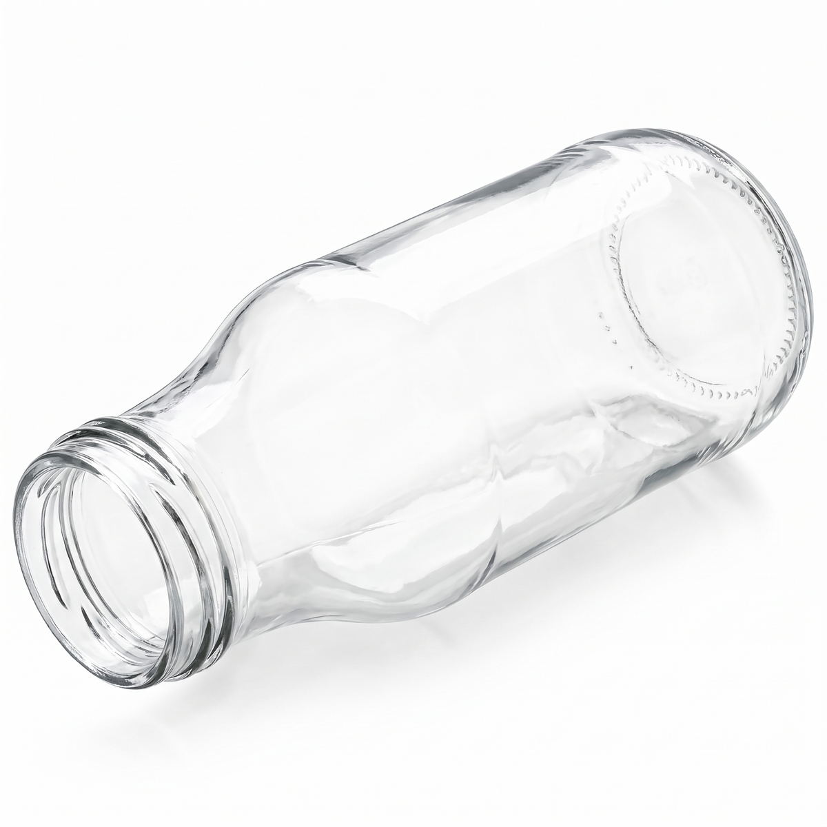 Klare Saucenflasche 263 ml mit TO-43-Mündung, liegend in isometrischer Ansicht auf weißem Hintergrund.