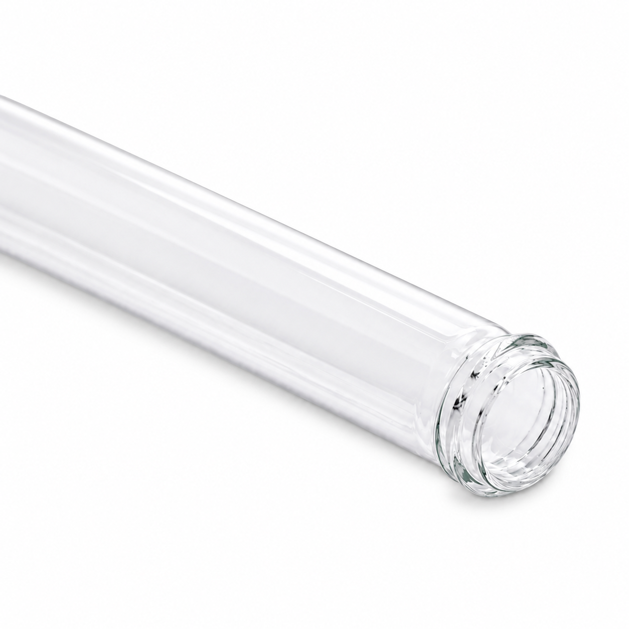 Gewindeglas 160 × 16 × 1,1 mm aus klarem Glas mit Gewindemündung, diagonal liegend und angeschnitten dargestellt.