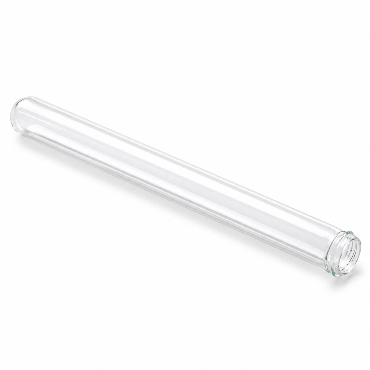 Gewindeglas 160 × 16 × 1,1 mm aus klarem Glas mit langem zylindrischem Körper, abgerundetem Boden und Gewindemündung, vollständig liegend dargestellt.