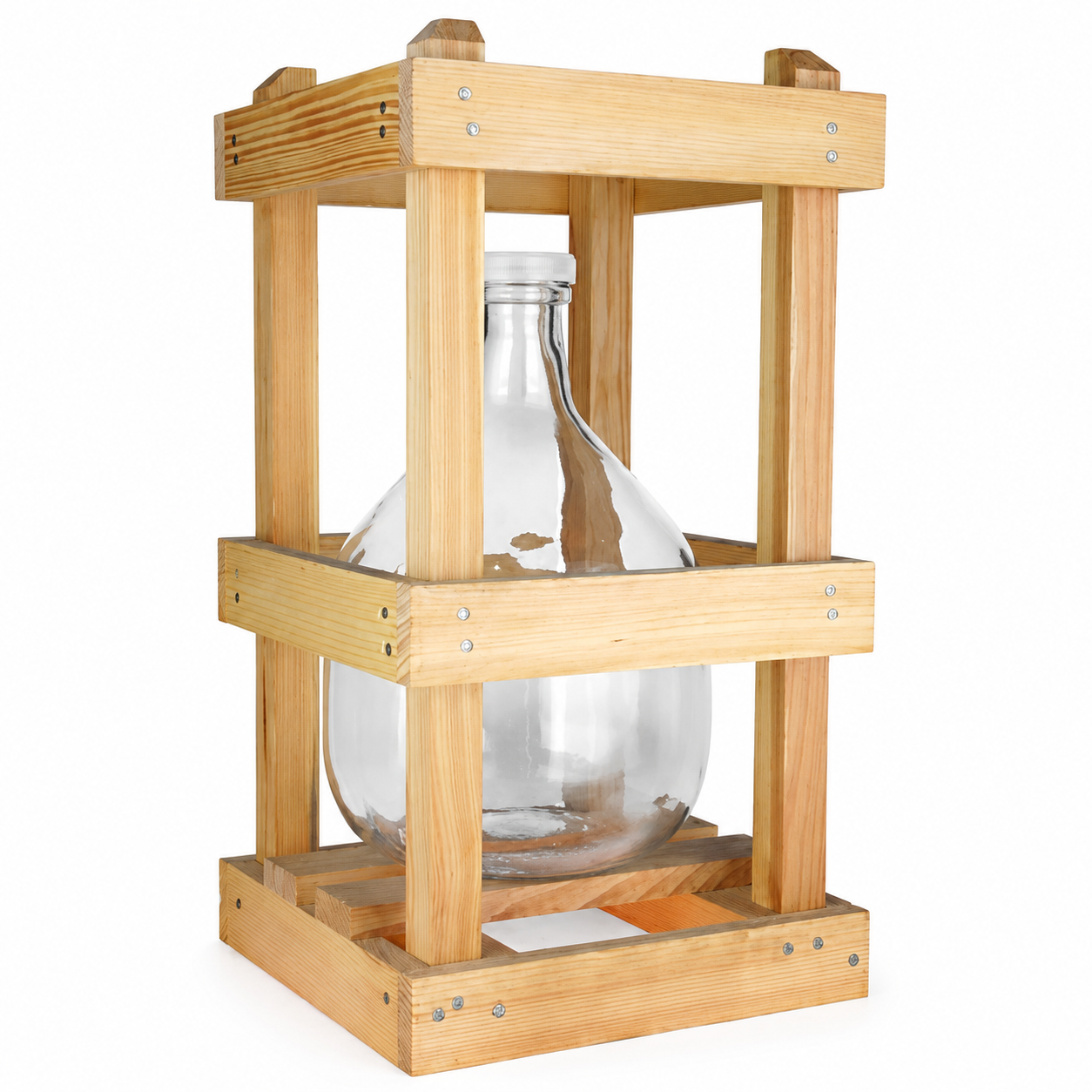 Glasballon 50 l aus klarem Glas im stabilen Holzgestell mit Auslaufhahn, Spezial-Mündung und sichtbarer Glasstruktur auf weißem Hintergrund.