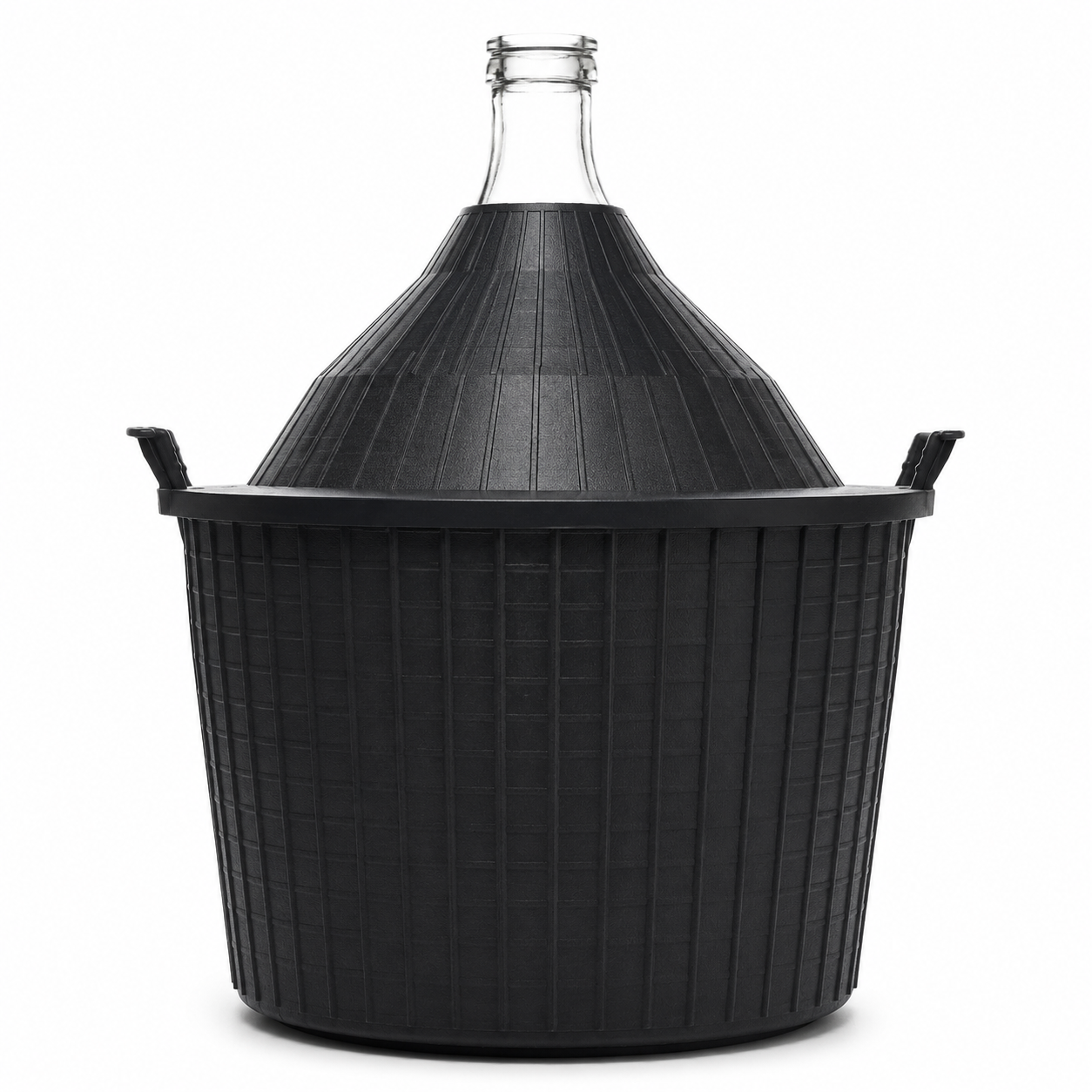 Glasballon 50 l aus klarem Glas im schwarzen Polykorb mit Spezial-Mündung, geschlossenem Kunststoffmantel und seitlichen Tragegriffen auf weißem Hintergrund.