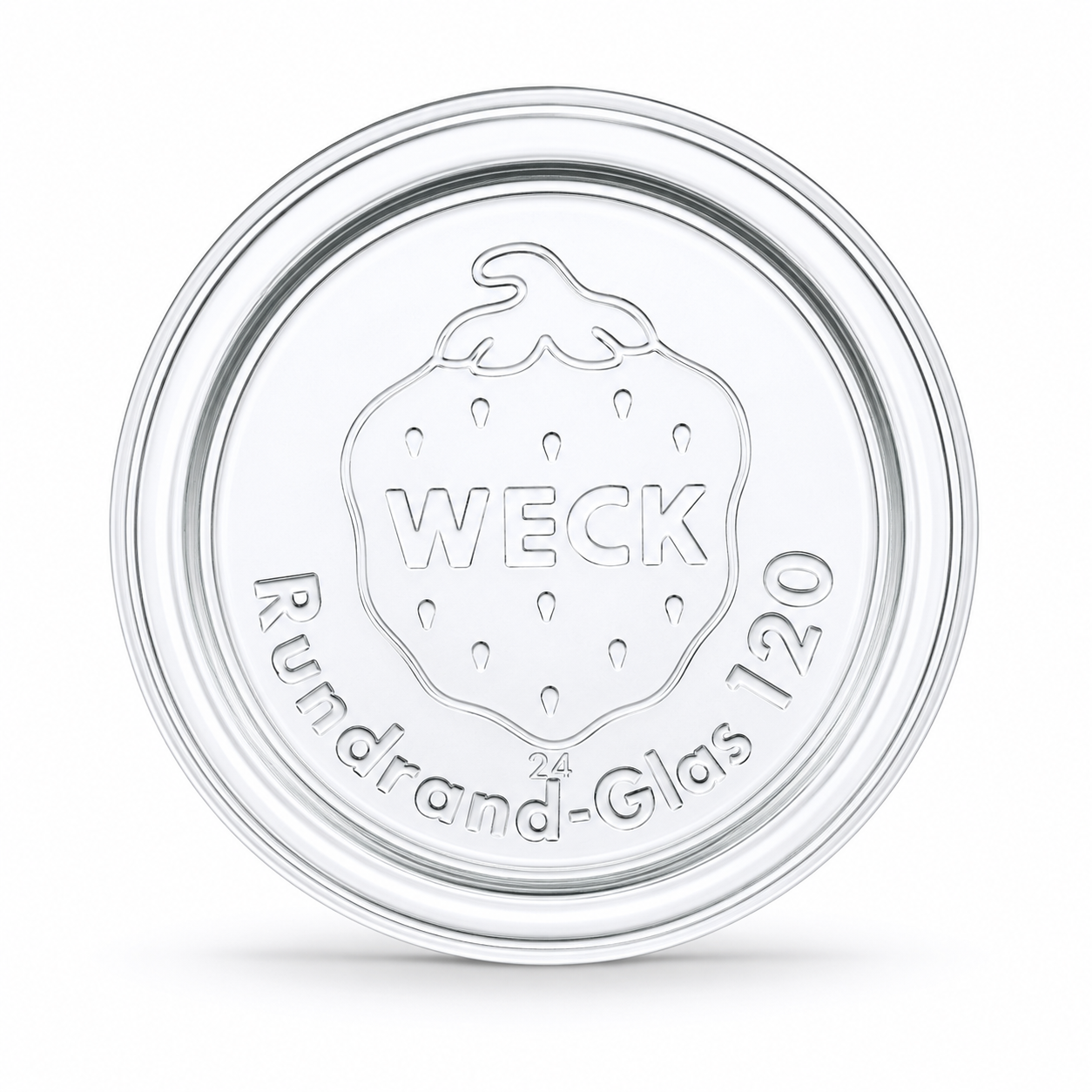 Aufrecht stehender WECK-Glasdeckel RR120 aus klarem Glas mit geprägtem Erdbeerlogo, WECK-Schriftzug, Kennzahl 24 und Rundrand-Glas-120-Prägung.