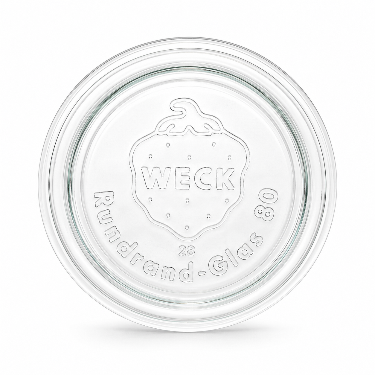 Aufrecht stehender WECK-Glasdeckel RR80 aus klarem Glas mit geprägtem Erdbeerlogo, WECK-Schriftzug und Rundrand-Glas-80-Prägung.