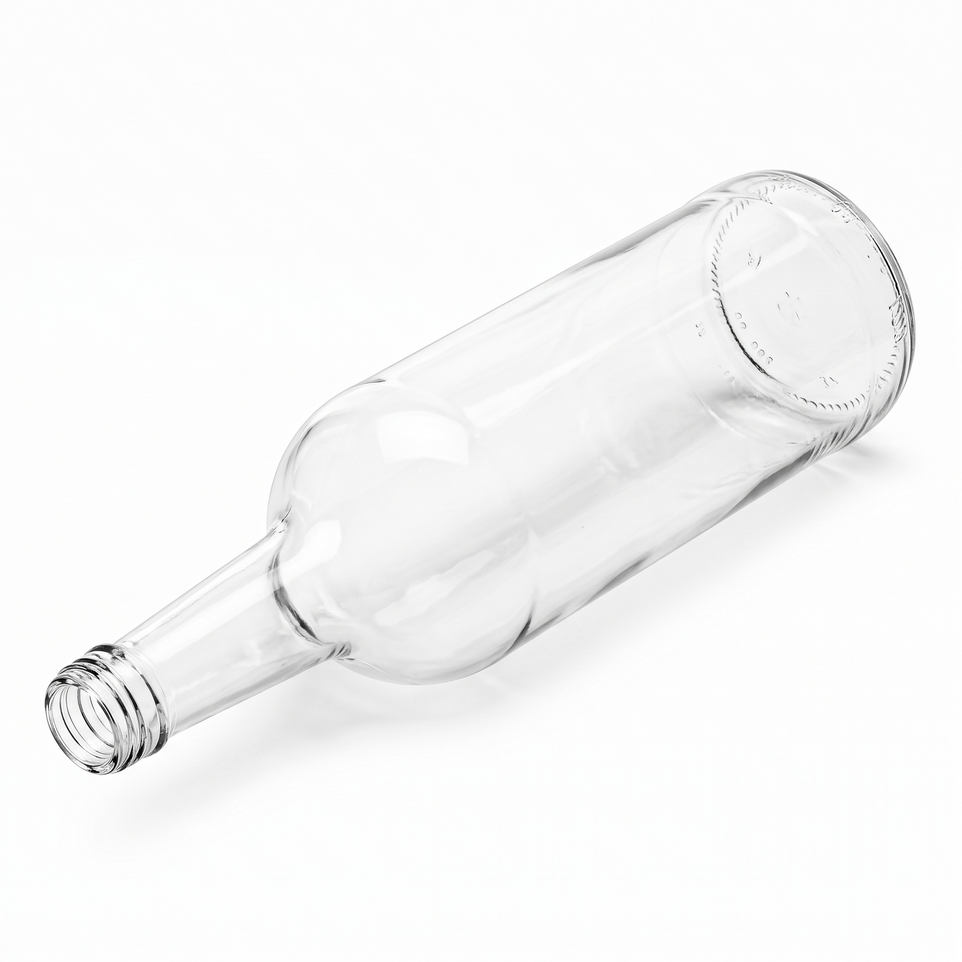 Gradhalsflasche 1,0 l aus Klarglas mit 28-mm-Schraubmündung, liegend in isometrischer Seitenansicht vor weißem Hintergrund.