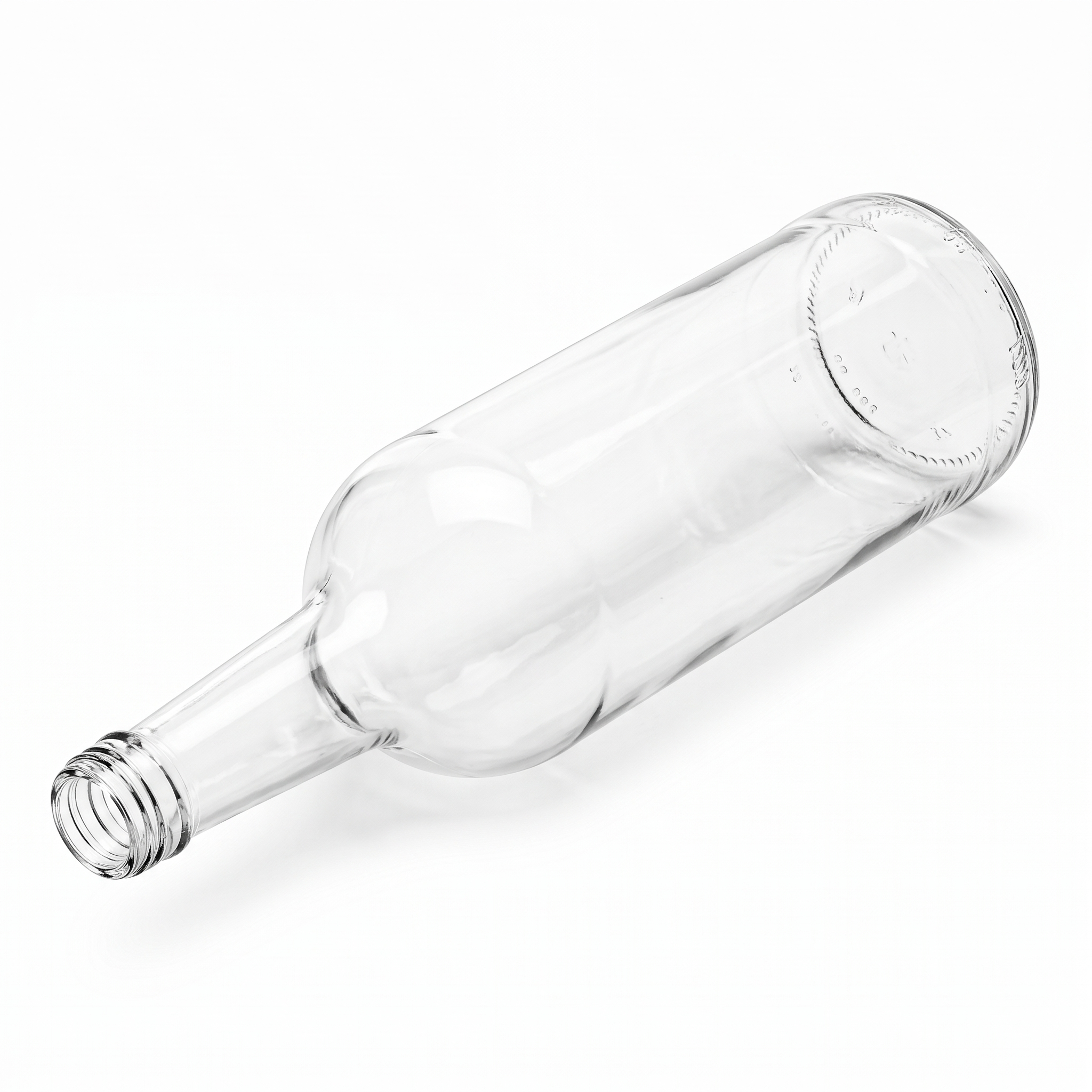 Gradhalsflasche 1,0 l aus Klarglas mit 28-mm-Schraubmündung, liegend in isometrischer Seitenansicht vor weißem Hintergrund.
