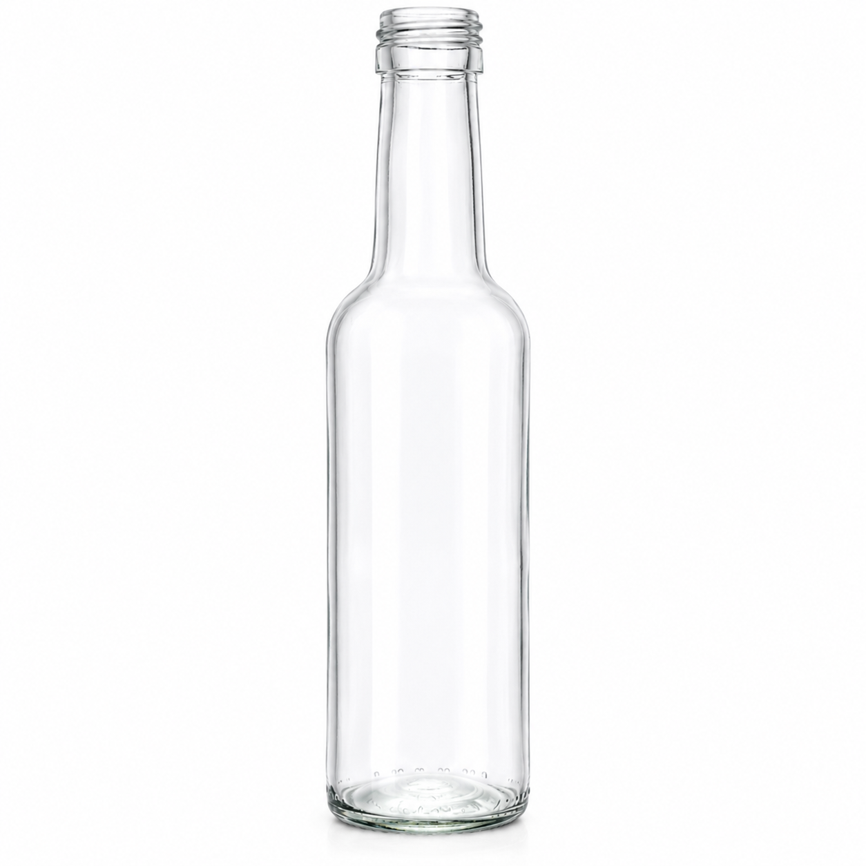 Klare 0,25-Liter-Gradhalsflasche aus Glas mit langem Hals und 28-mm-Schraubmündung auf weißem Hintergrund.