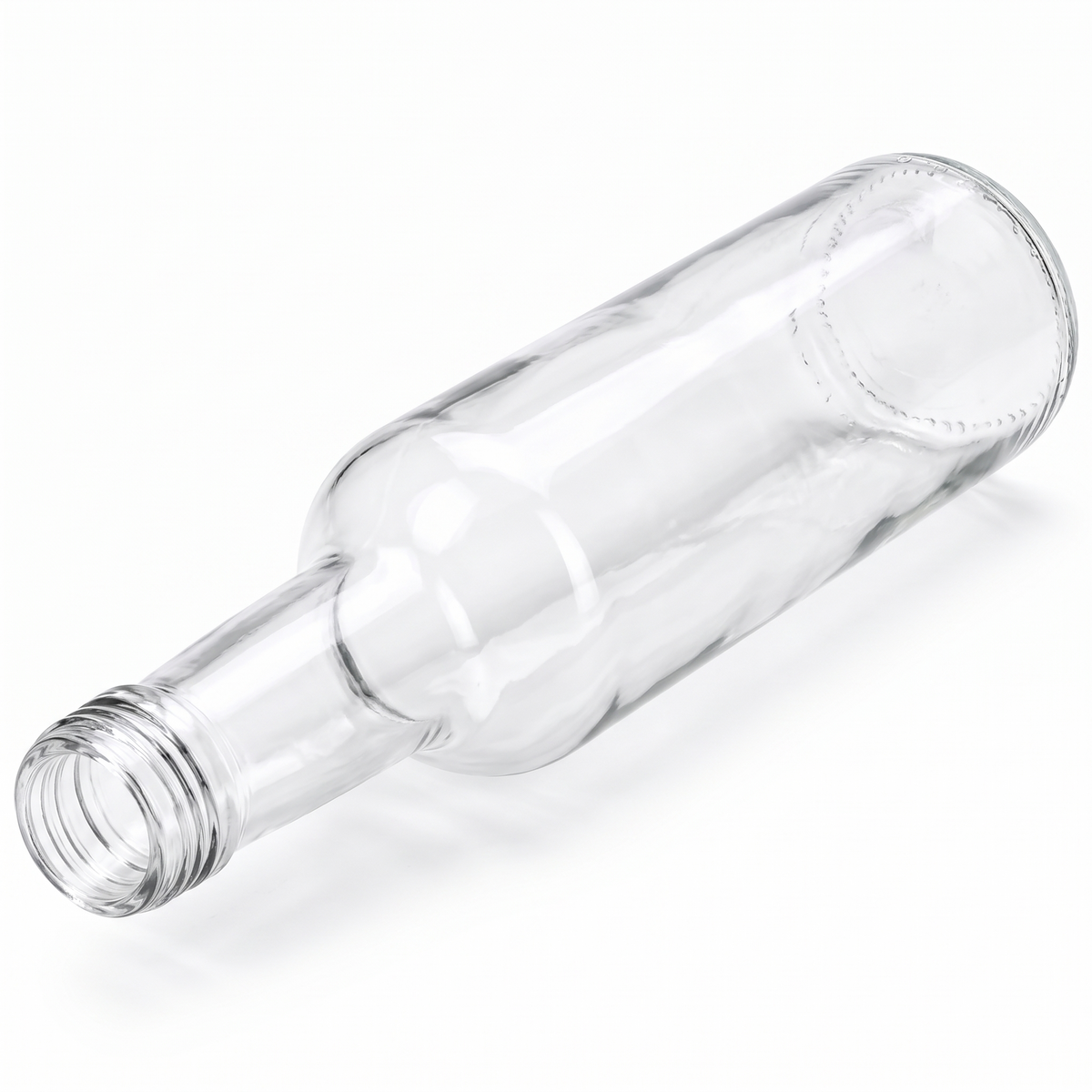 Liegende klare Gradhalsflasche SGRAD001 mit 250 ml und 28-mm-Schraubmündung in isometrischer Ansicht.