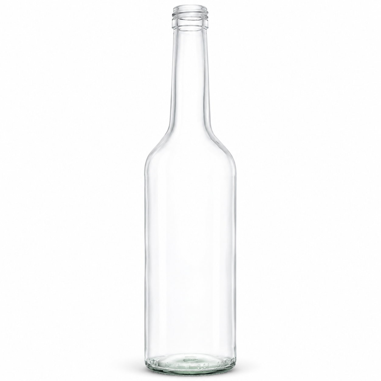 Klare 0,5-Liter-Gradhalsflasche aus Glas mit langem Hals und 28-mm-Schraubmündung auf weißem Hintergrund.