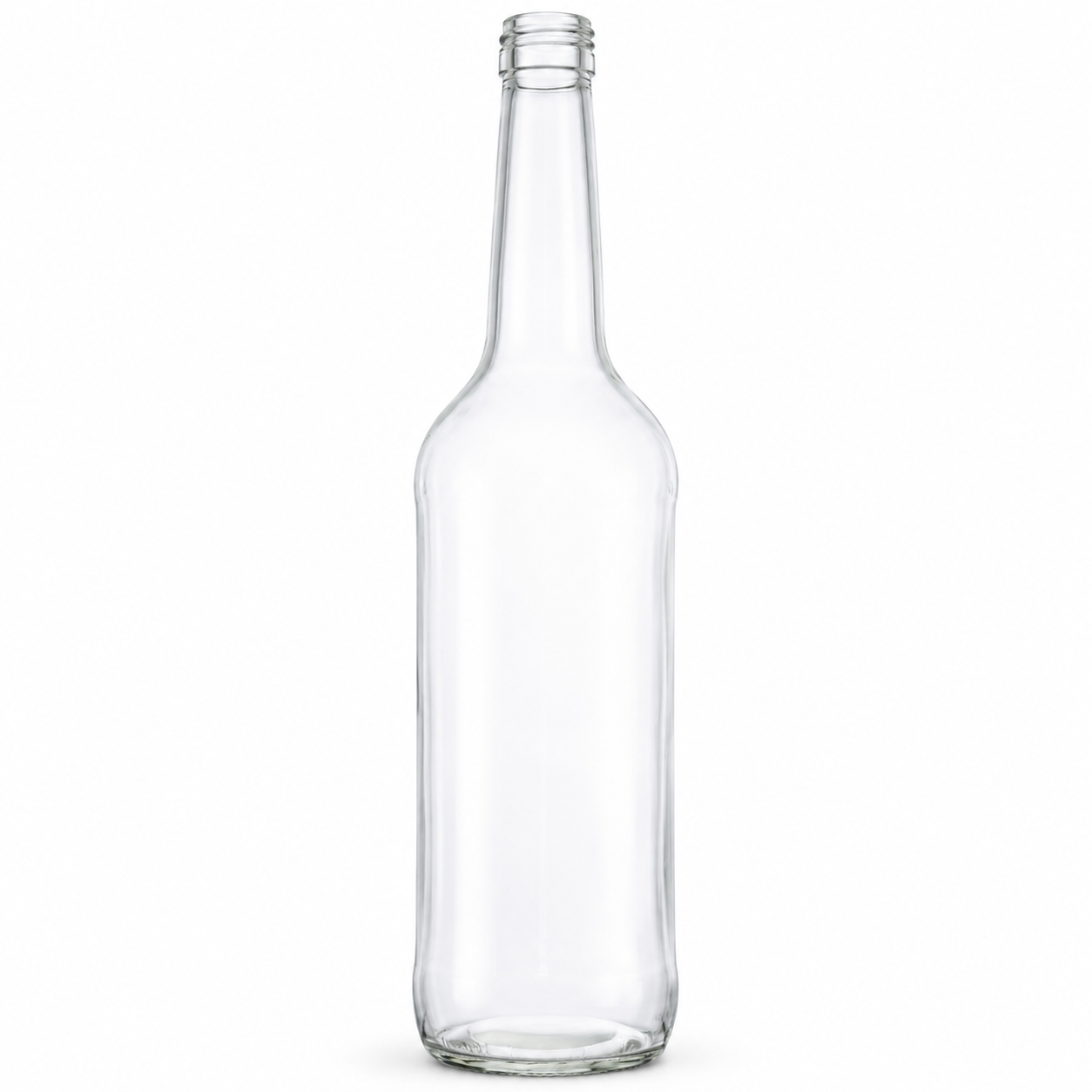 Klare, schlanke Glasflasche mit langem Hals, abgerundeter Schulter und Schraubmündung auf weißem Hintergrund.