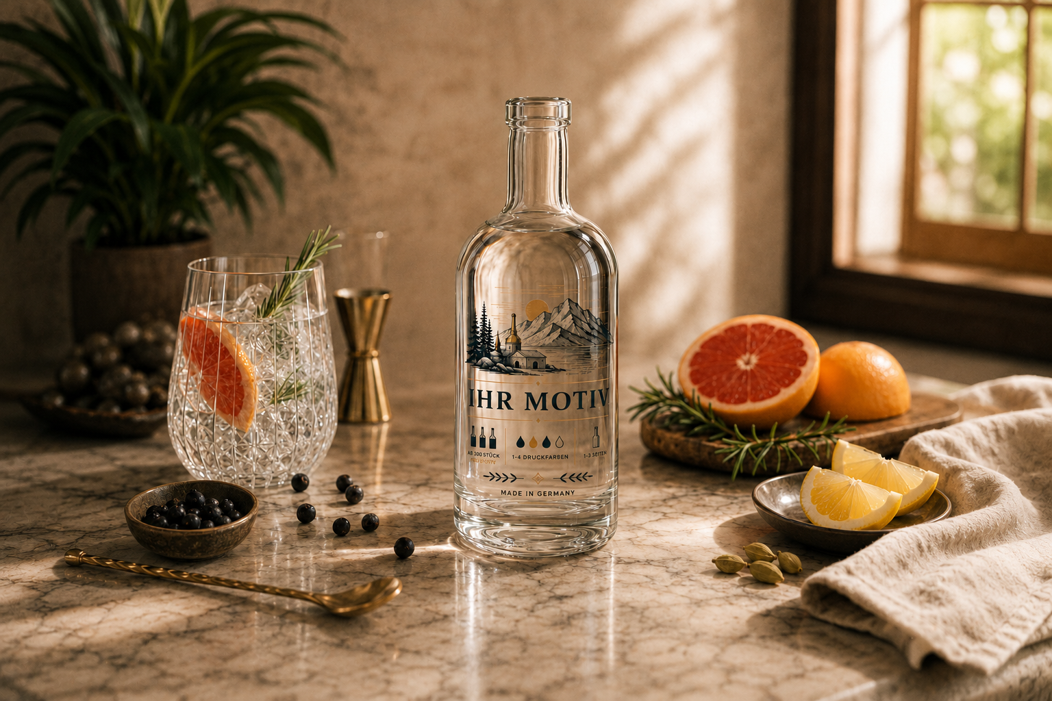 Hochwertige Ginflasche mit individuellem Direktdruck, umgeben von Wacholderbeeren, Zitrusfrüchten, Rosmarin, Gewürzen und einem Gin-Tonic im warmen Sonnenlicht.