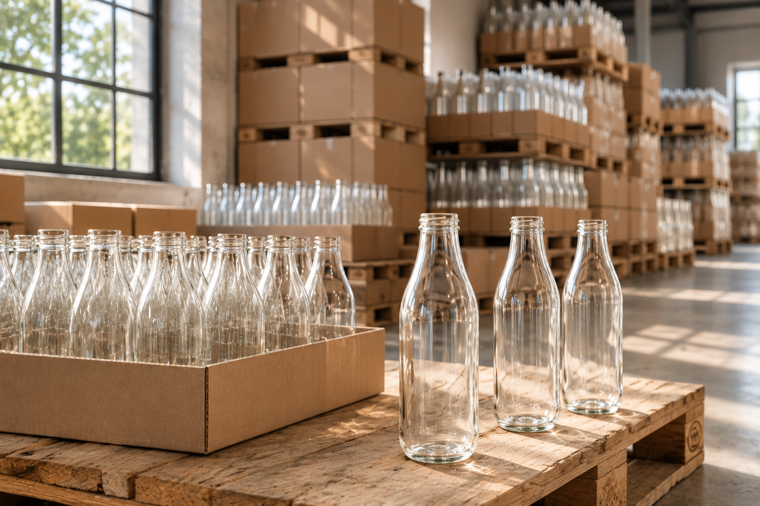 Leere Milchflaschen aus Klarglas auf Holzpaletten vor gestapelten Kartons in einem sonnendurchfluteten Großhandelslager.