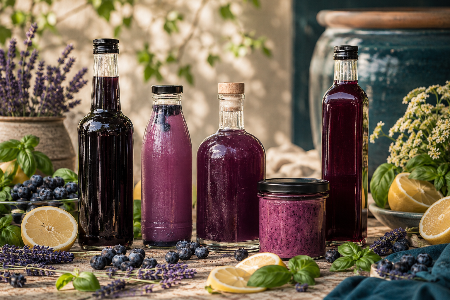 Sommerliche Produktinszenierung mit Heidelbeer-Sirup, Limonade, Mocktail und Aufstrich in Glasflaschen und Glas, dekoriert mit Zitronen, Basilikum, Lavendel und frischen Heidelbeeren.