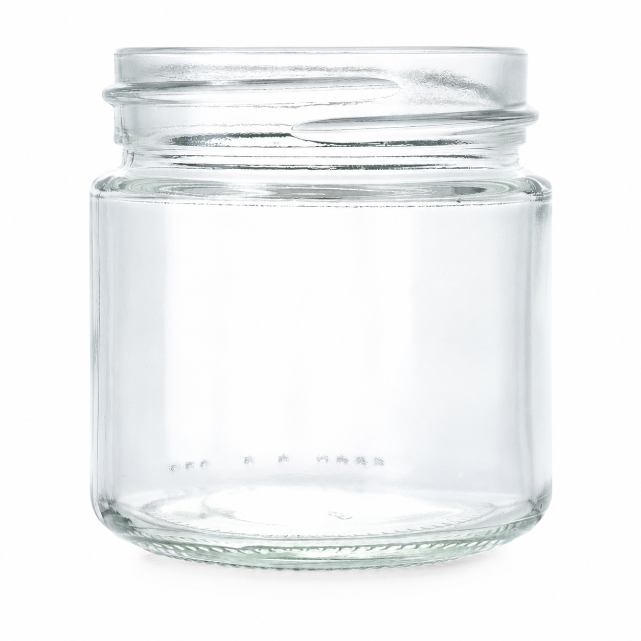 Honigglas aus Klarglas mit 225 ml Volumen, niedrigem Gewinde und kompakter zylindrischer Form, freigestellt auf weißem Hintergrund.
