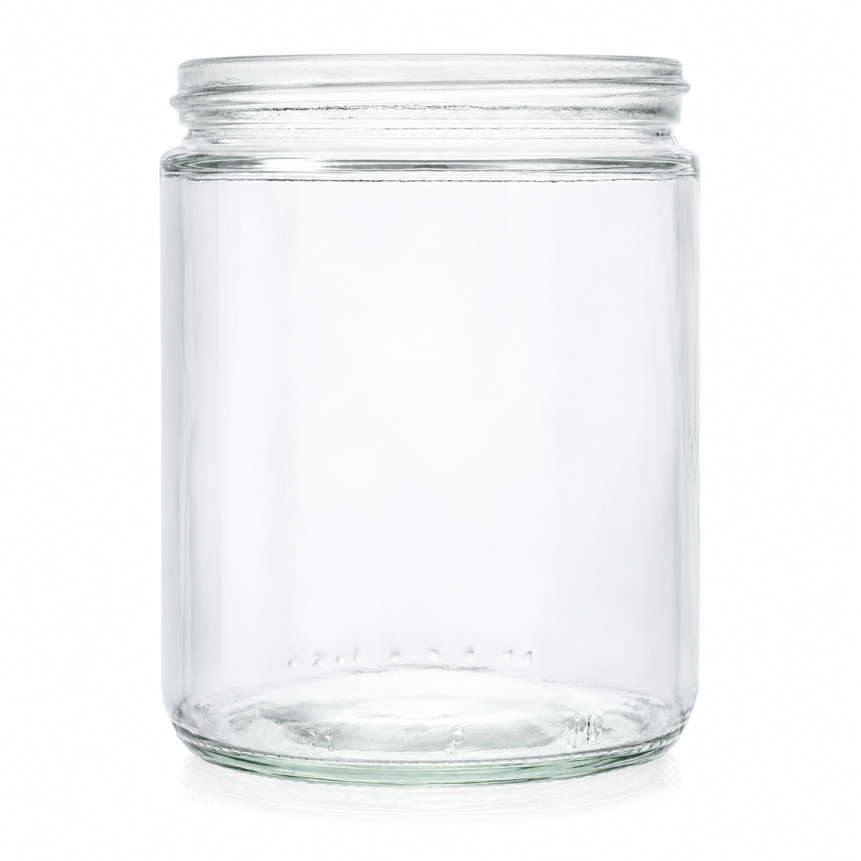 Honigglas aus Klarglas mit 400 ml Volumen, niedrigem Gewinde und zylindrischer Form, frontal auf weißem Hintergrund dargestellt.