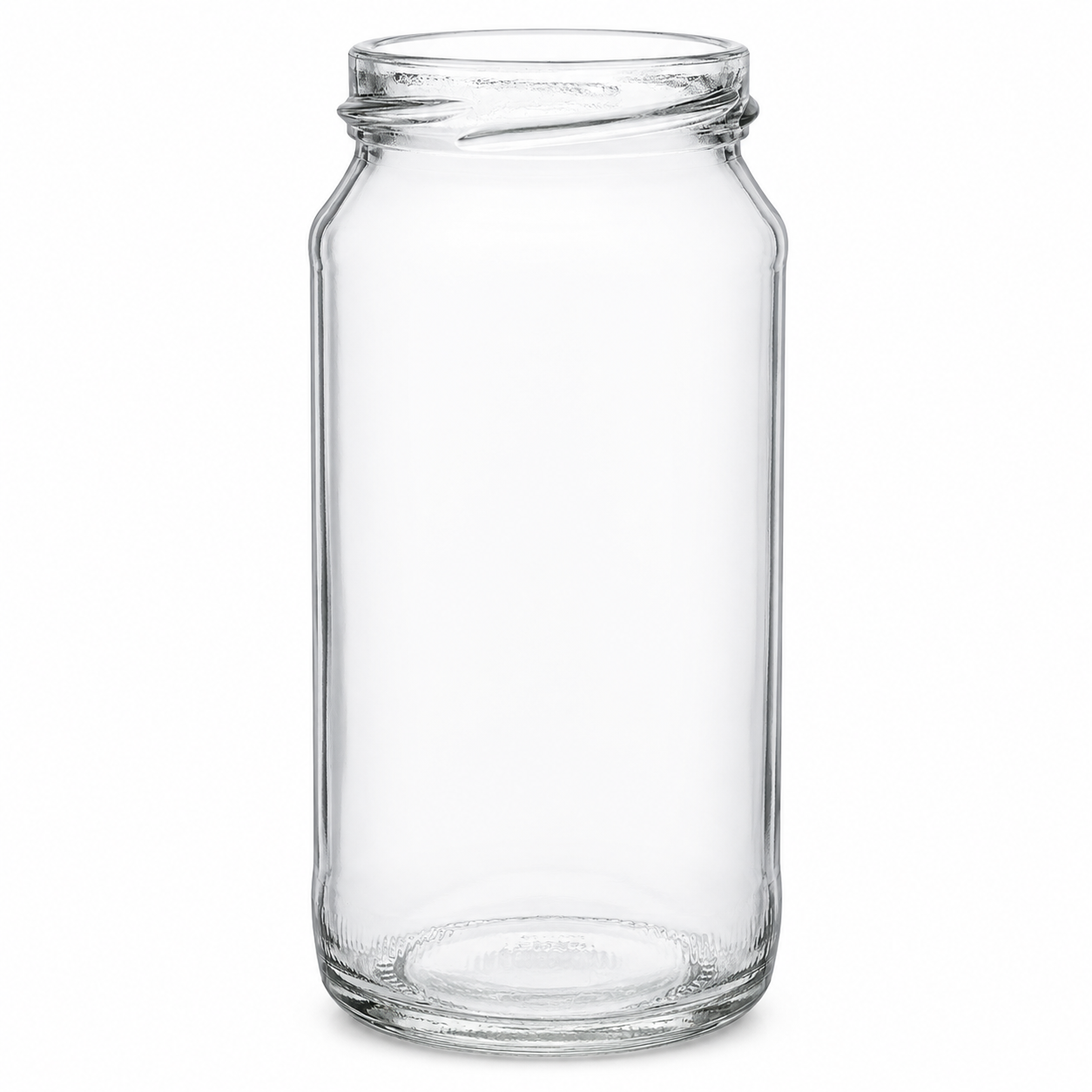 Klares Einweg-Joghurtglas 212 ml mit TO-53-Mündung, schlanker Glasform und sichtbarem Glasboden auf weißem Hintergrund.