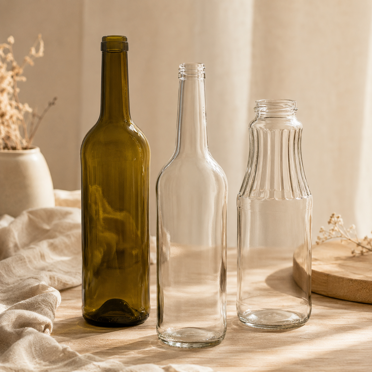 Drei dekorativ arrangierte Glasflaschen – eine antikgrüne Weinflasche, eine klare Gradhalsflasche und eine gerippte Fruchtsaftflasche – in warmer, beiger Atmosphäre.