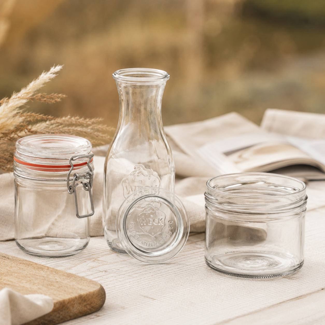 Drahtbügelglas, WECK-Saftflasche mit Glasdeckel und Sturzglas in einer warmen, beigen Outdoor-Szenerie mit Buch im Hintergrund.