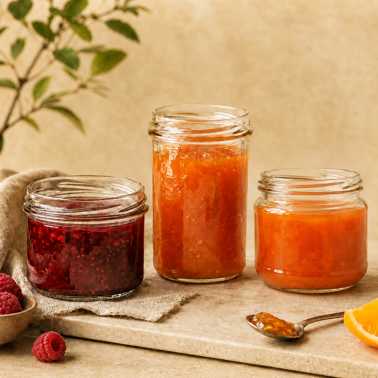 Drei Einmachgläser mit Marmelade in einer warmen, beigen Küchenatmosphäre.