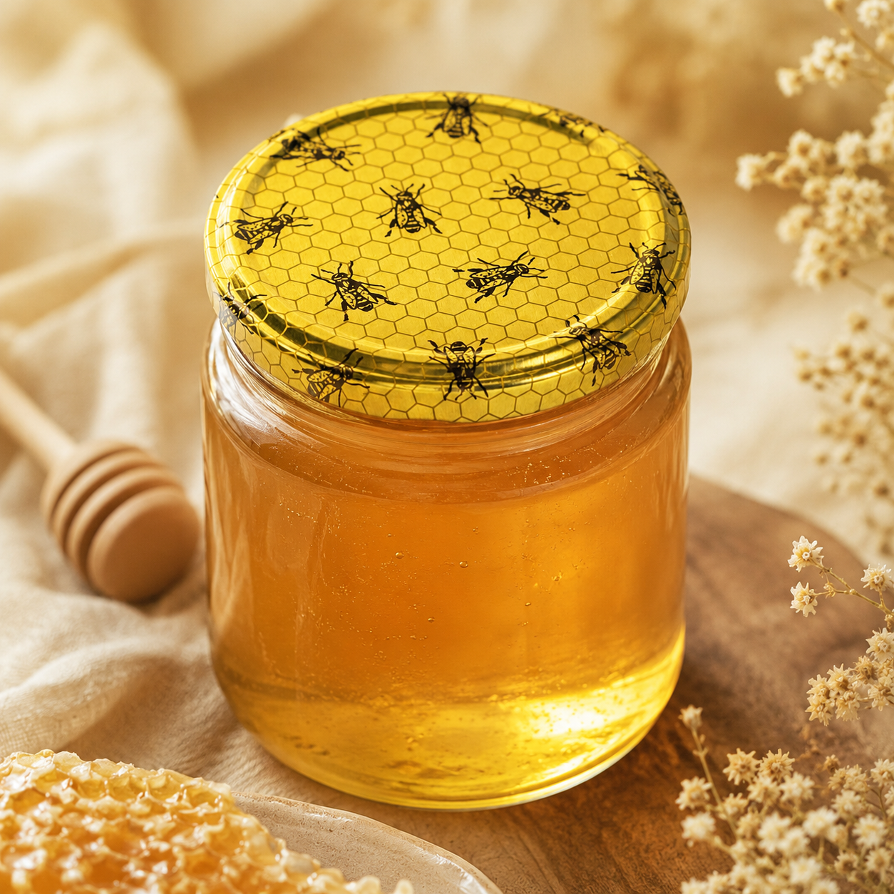 Honigglas mit goldgelbem Honig und goldenem Twist-Off-Verschluss mit Bienenmotiv in einer warmen, beigen Imker-Atmosphäre.