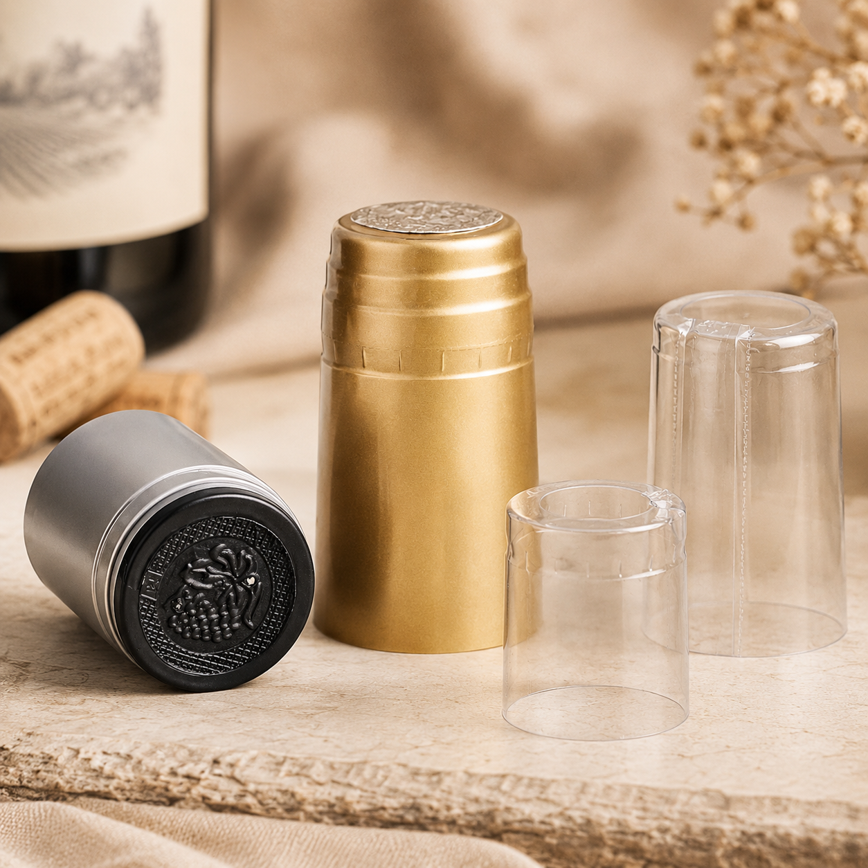 Vier Schrumpfkapseln in Gold, Silber und Transparent, dekorativ arrangiert in einer warmen, beigen Wein-Atmosphäre mit Korken und Flasche im Hintergrund.