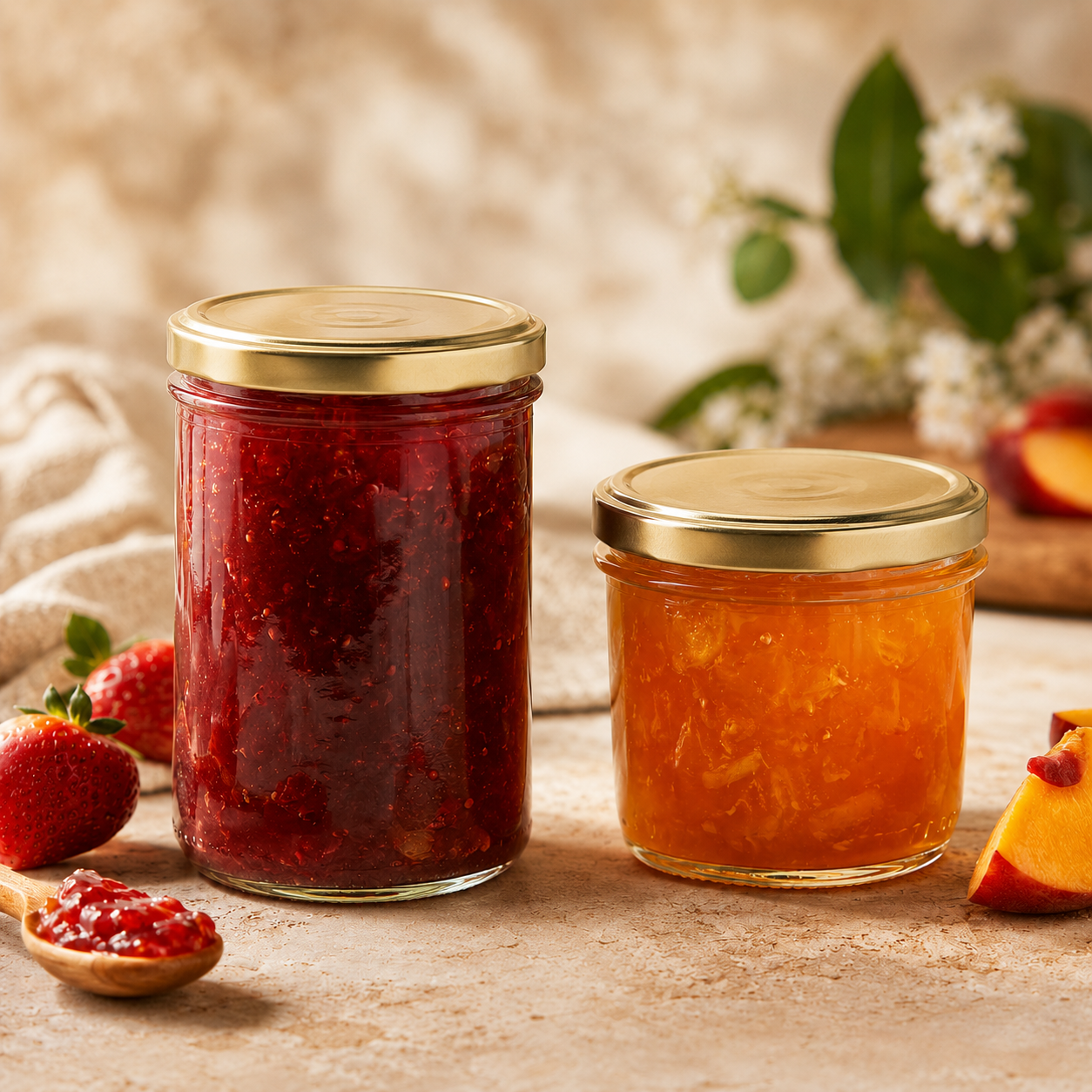Zwei Marmeladengläser mit goldenen Twist-Off-Verschlüssen, gefüllt mit roter Beerenkonfitüre und orangefarbener Marmelade