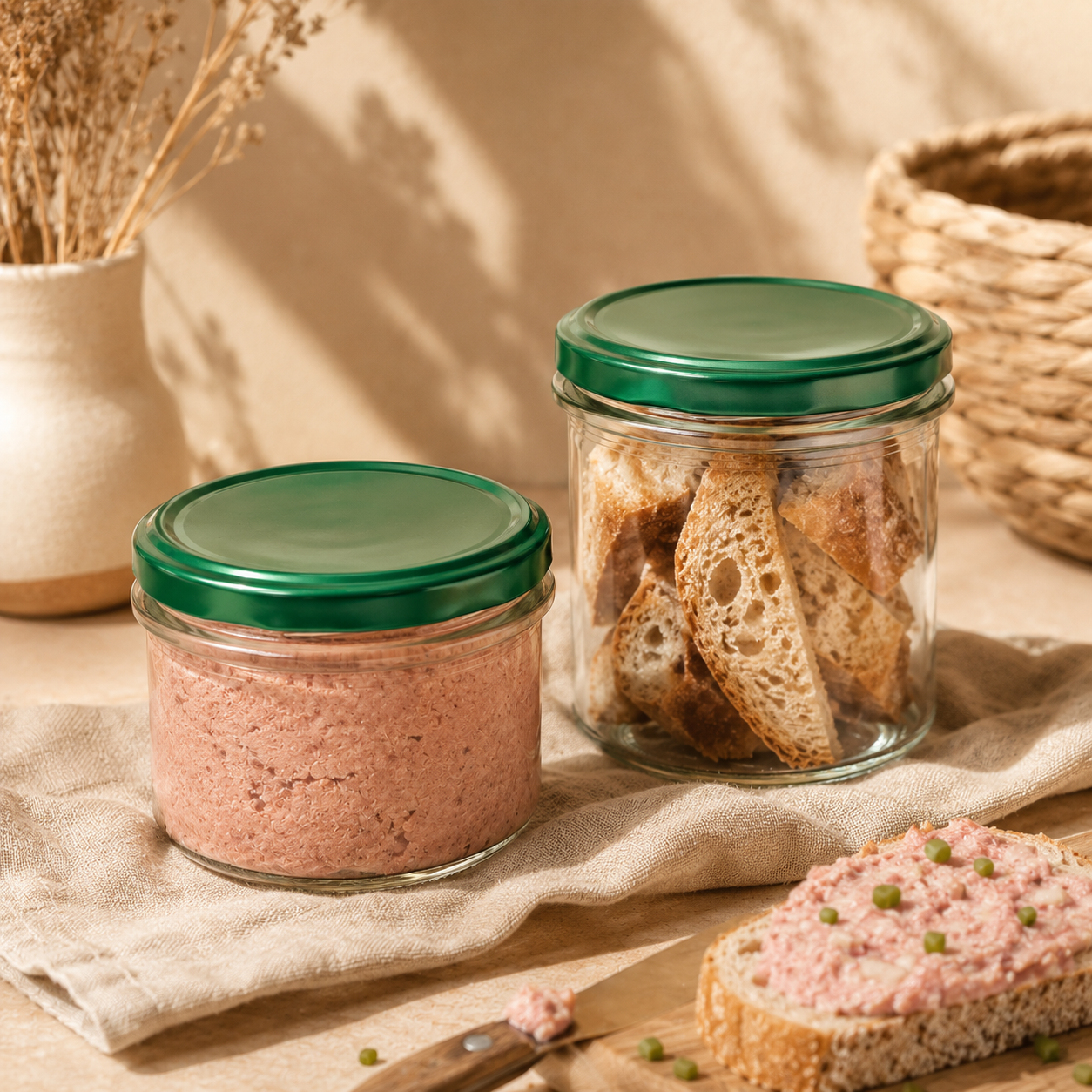 Zwei Sturzgläser mit grünen Twist-Off-Verschlüssen, gefüllt mit Wurstaufstrich und Brot, in einer warmen, beigen Küchenatmosphäre.