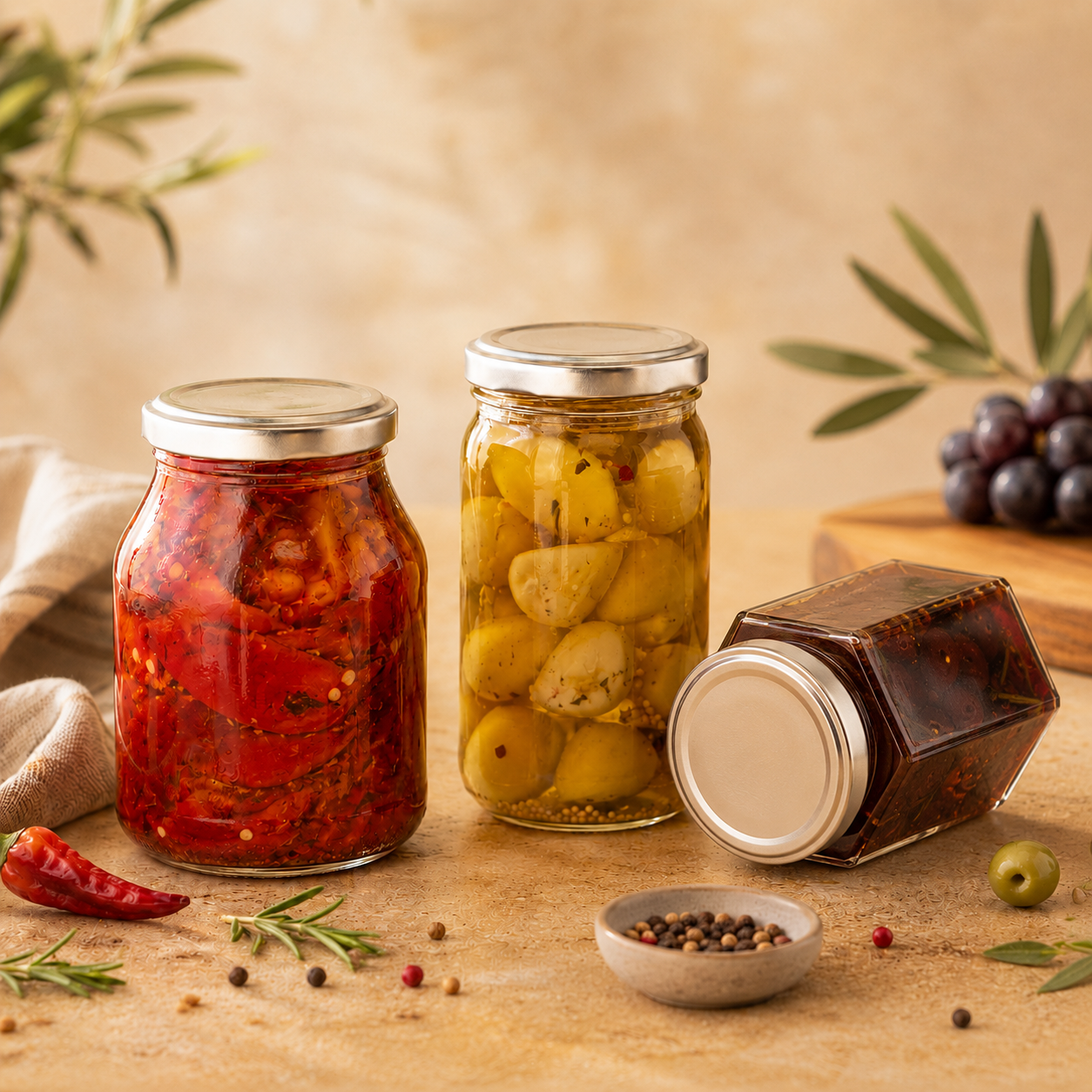 Drei Twist-Off-Gläser mit silbernen Verschlüssen, gefüllt mit eingelegten Paprika, Knoblauch und dunklen Oliven