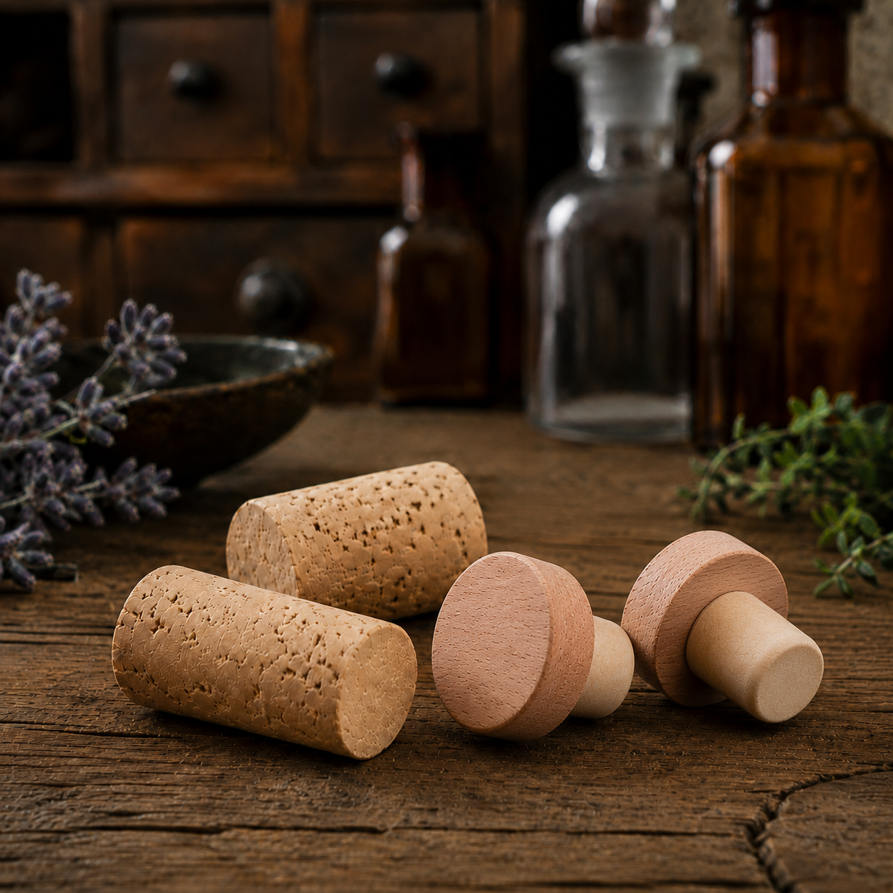 Natürliche Flaschenkorken und runde Holzgriffkorken auf rustikalem Holztisch vor Apothekerflaschen und Kräutern