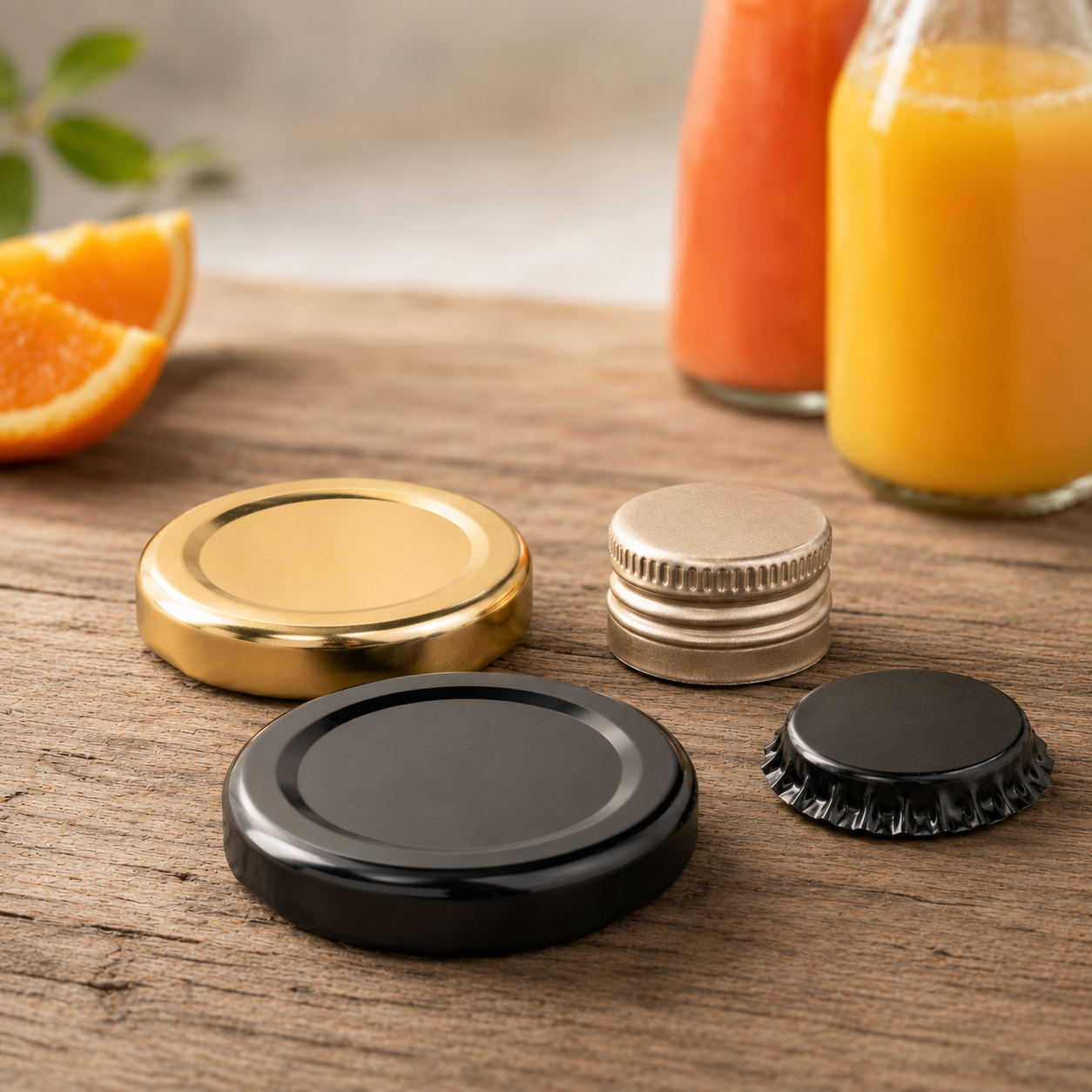 Goldene und schwarze Verschlüsse für Saftflaschen auf rustikalem Holztisch, mit Saftflaschen und Orangenspalten im Hintergrund