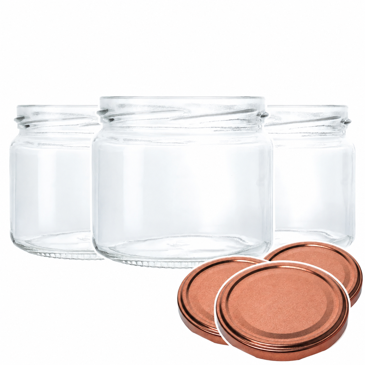 3er-Set niedrige Konservengläser 330 ml aus Klarglas mit kupferfarbenen Twist-off-Verschlüssen TO 82