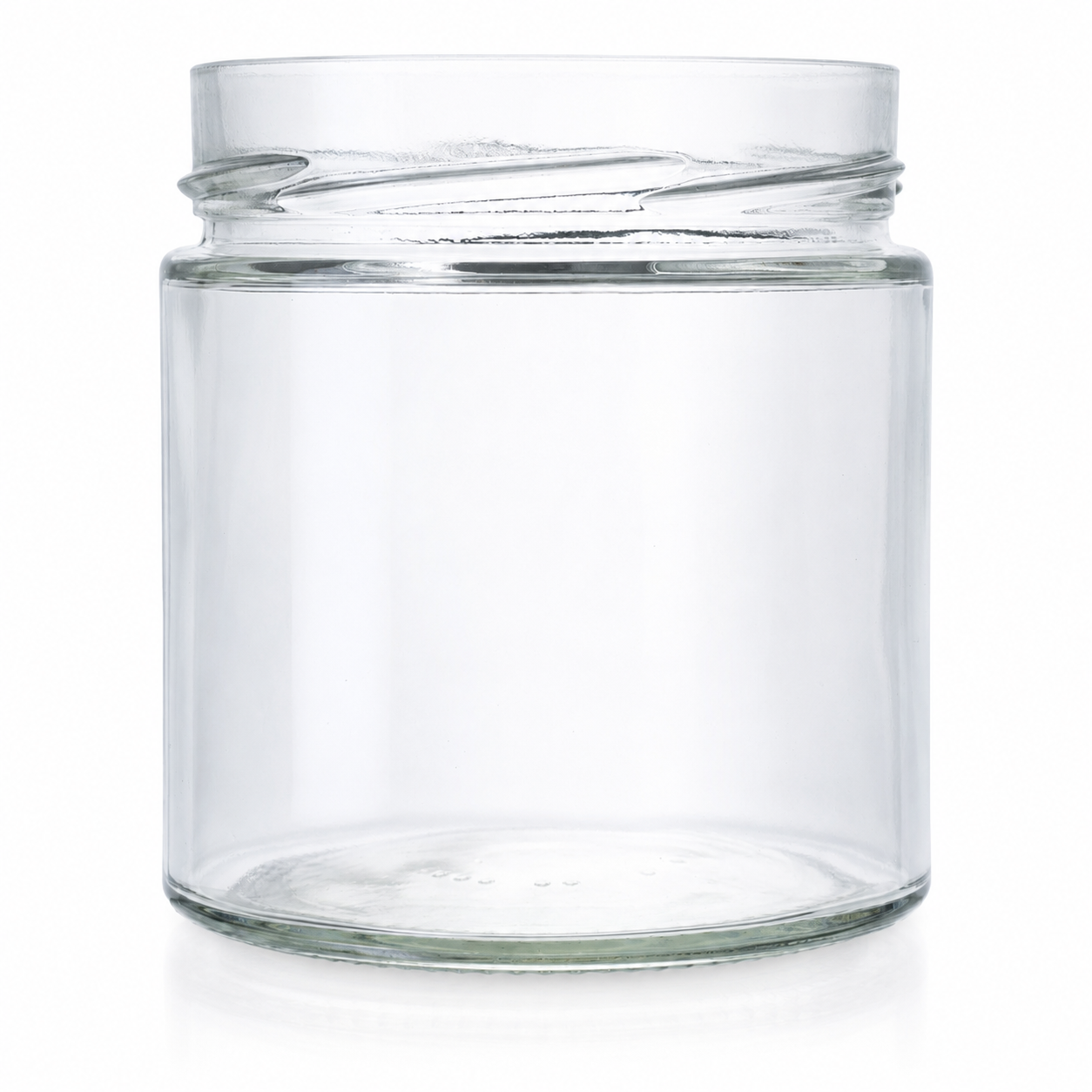 Klares Konservenglas mit 410 ml Volumen, breiter TO-82-Deep-Mündung und gerader zylindrischer Form, freigestellt auf weißem Hintergrund.