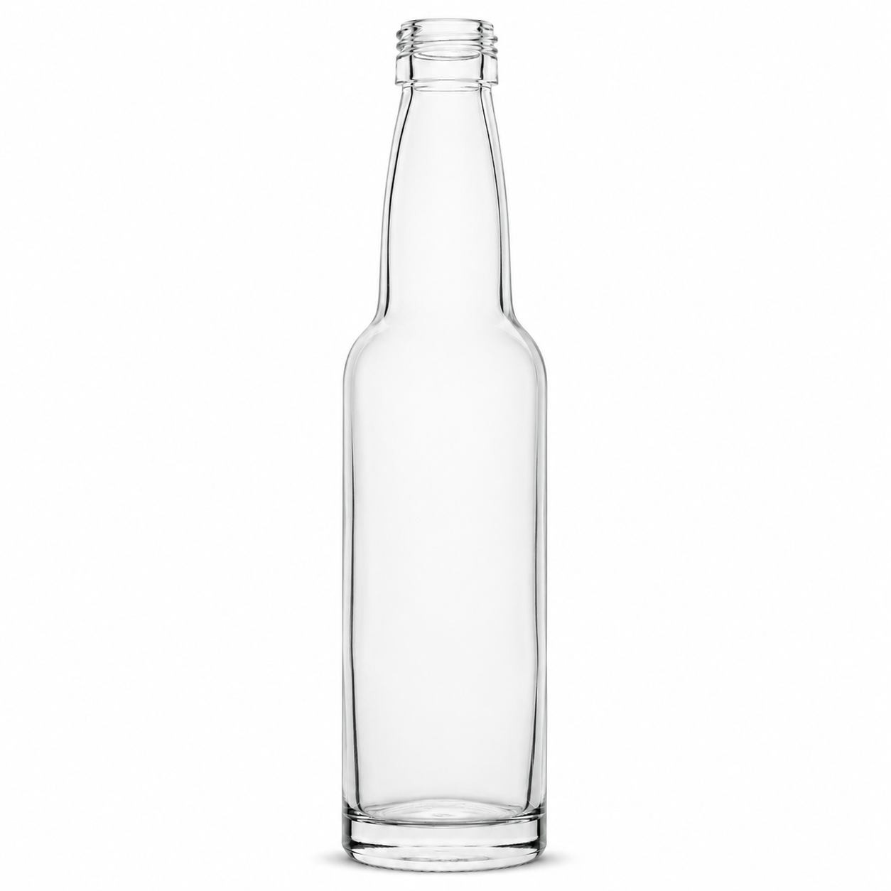 Freigestellte, klare 100-ml-Kropfhalsflasche mit schlankem zylindrischem Körper, langem Hals, Schraubmündung und massivem Glasboden auf weißem Hintergrund