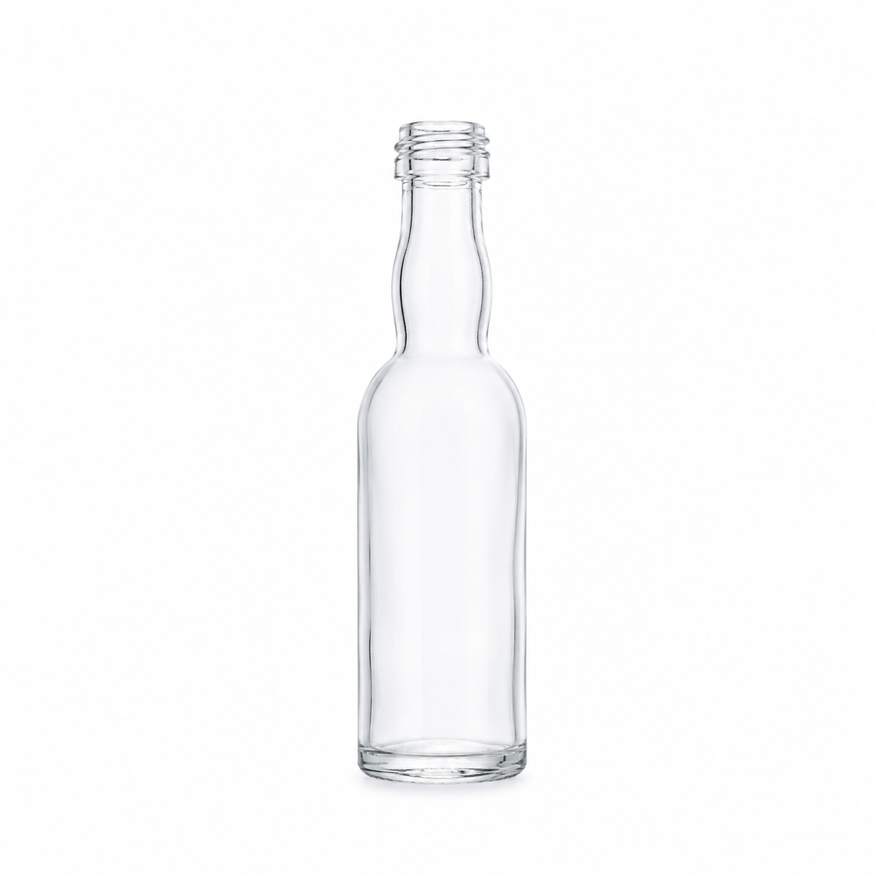 Freigestellte, klare 40-ml-Kropfhalsflasche mit schlankem Körper, leicht geschwungenem Hals, Schraubmündung und flachem Glasboden auf weißem Hintergrund