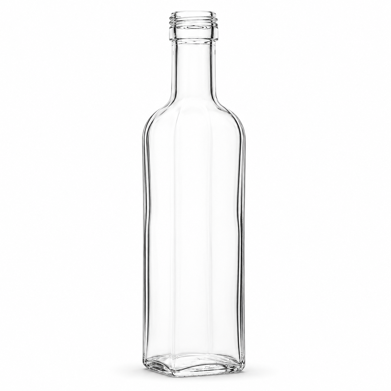 Klare 100-ml-Marasca-Vierkantflasche aus Glas mit schlankem Körper und 24-mm-Schraubmündung auf weißem Hintergrund