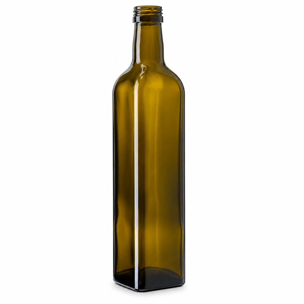 Antikgrüne 500-ml-Marasca-Vierkantflasche aus Glas, leicht seitlich gedreht, mit 31-mm-Schraubmündung auf weißem Hintergrund.