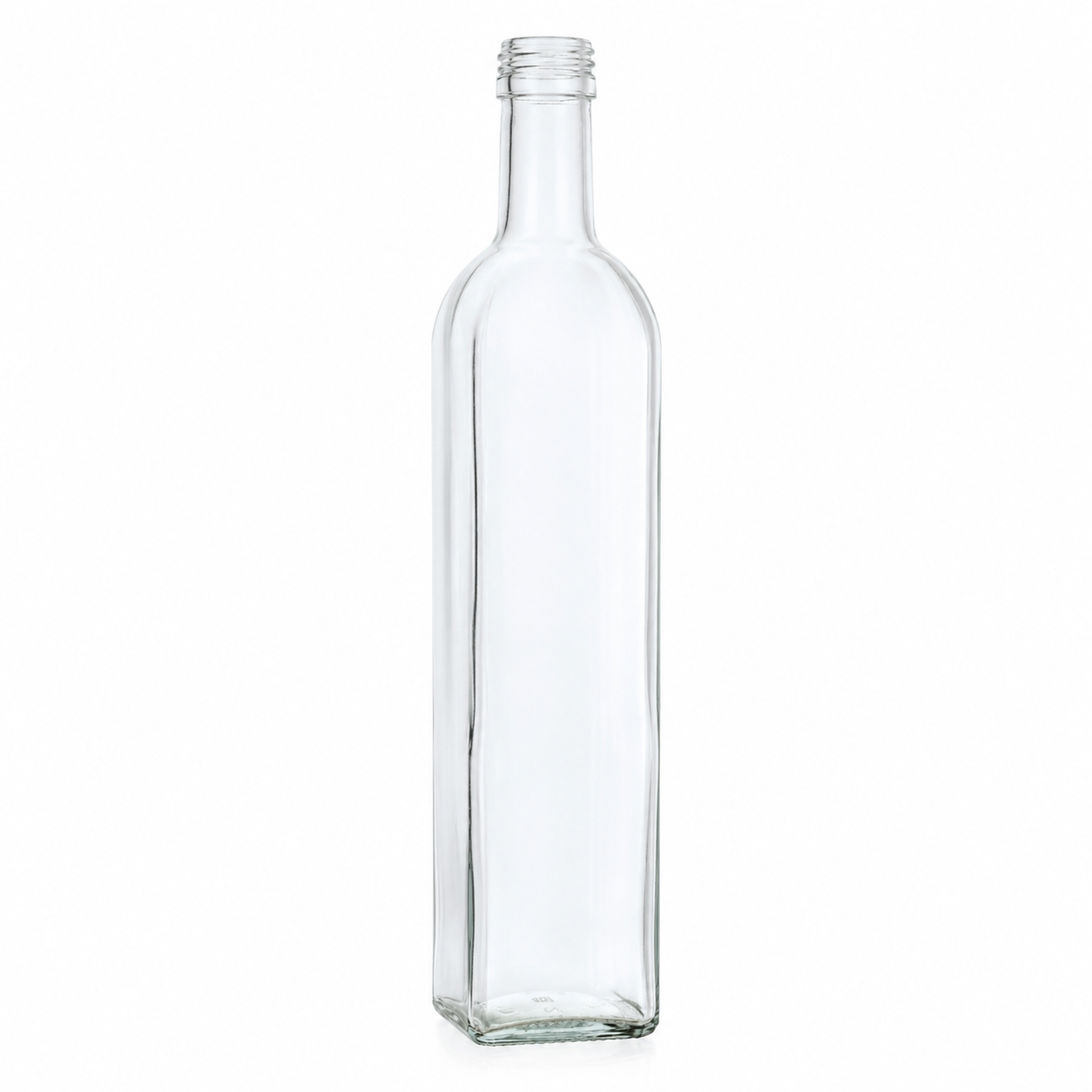 Klare 500-ml-Marasca-Vierkantflasche aus Glas mit schlankem Körper, abgerundeter Schulter und 31,5-mm-Schraubmündung auf weißem Hintergrund.
