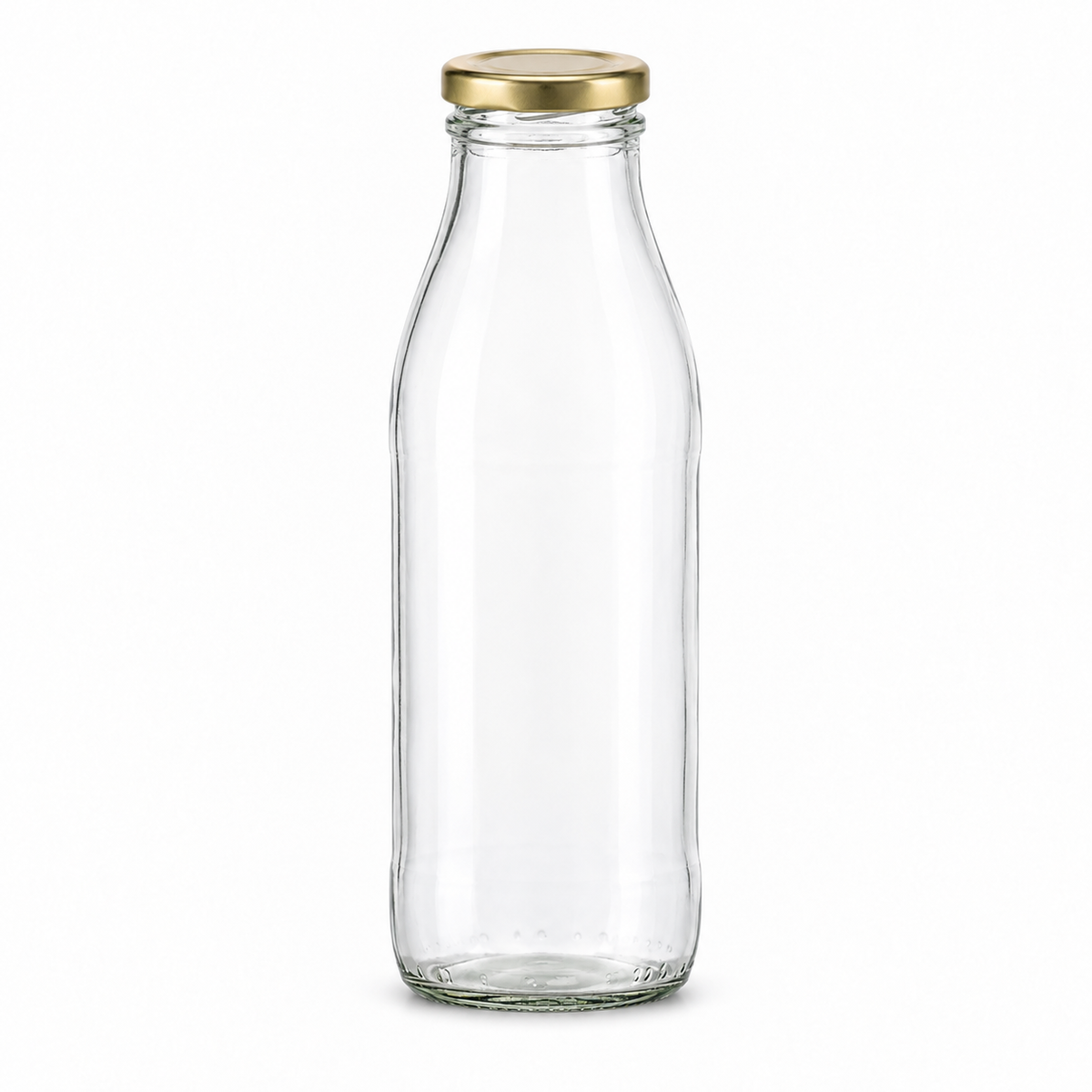 Einzelne klare Milchflasche mit 500 ml und geschlossenem goldenem 48-mm-Twist-Off-Deckel auf weißem Hintergrund