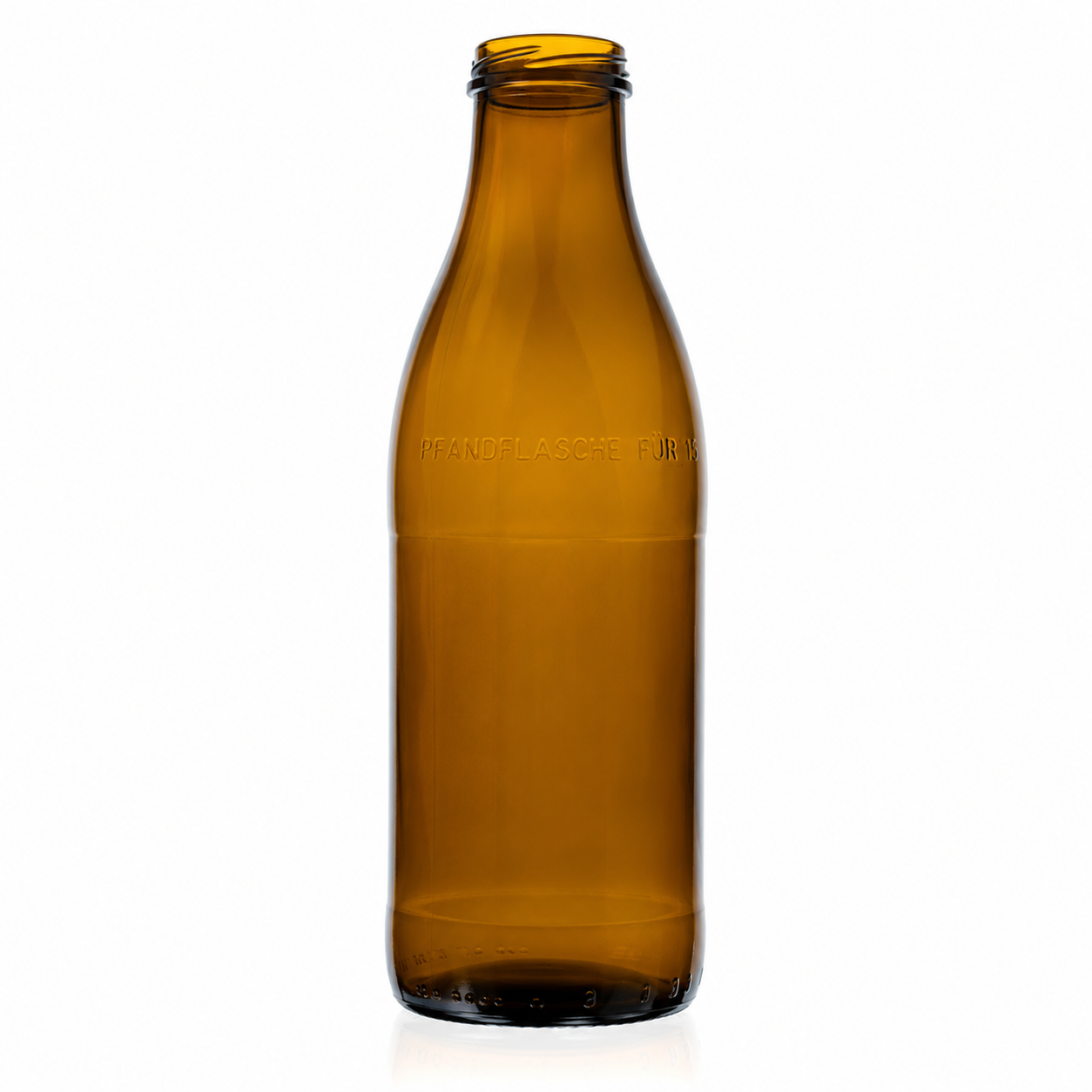 Braune Mehrweg-Milchflasche mit eingeprägtem Pfandhinweis, schmaler Mündung und langem Flaschenkörper vor weißem Hintergrund.