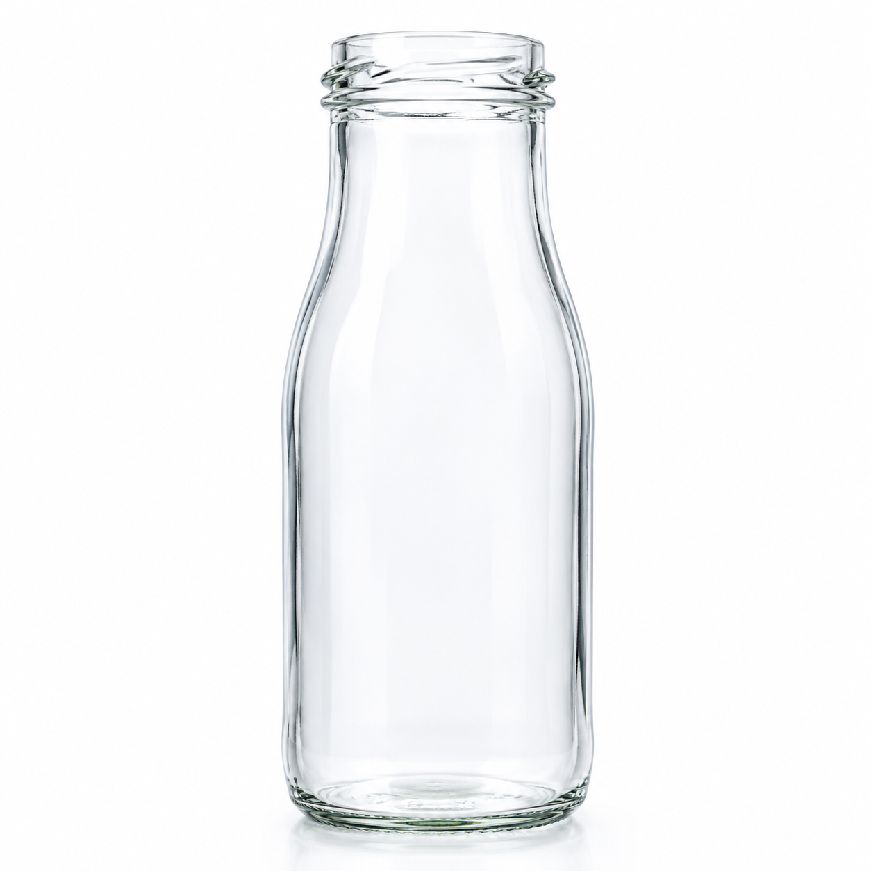Milchflasche Epice aus klarem Glas mit 0,15 Liter Volumen, kompakter Form und TO-43-Mündung, frontal auf weißem Hintergrund dargestellt.